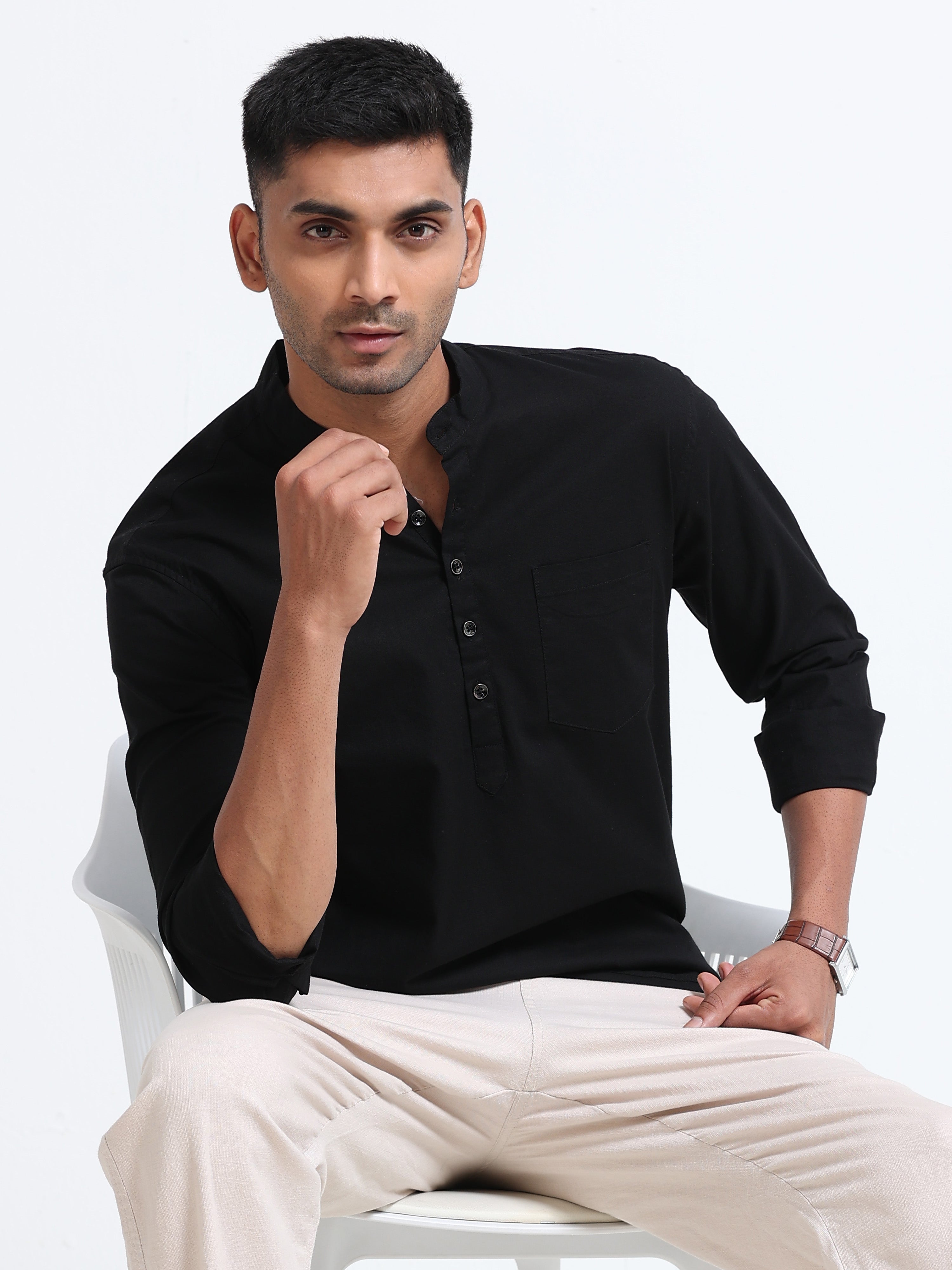 Plain Black Half Kurta