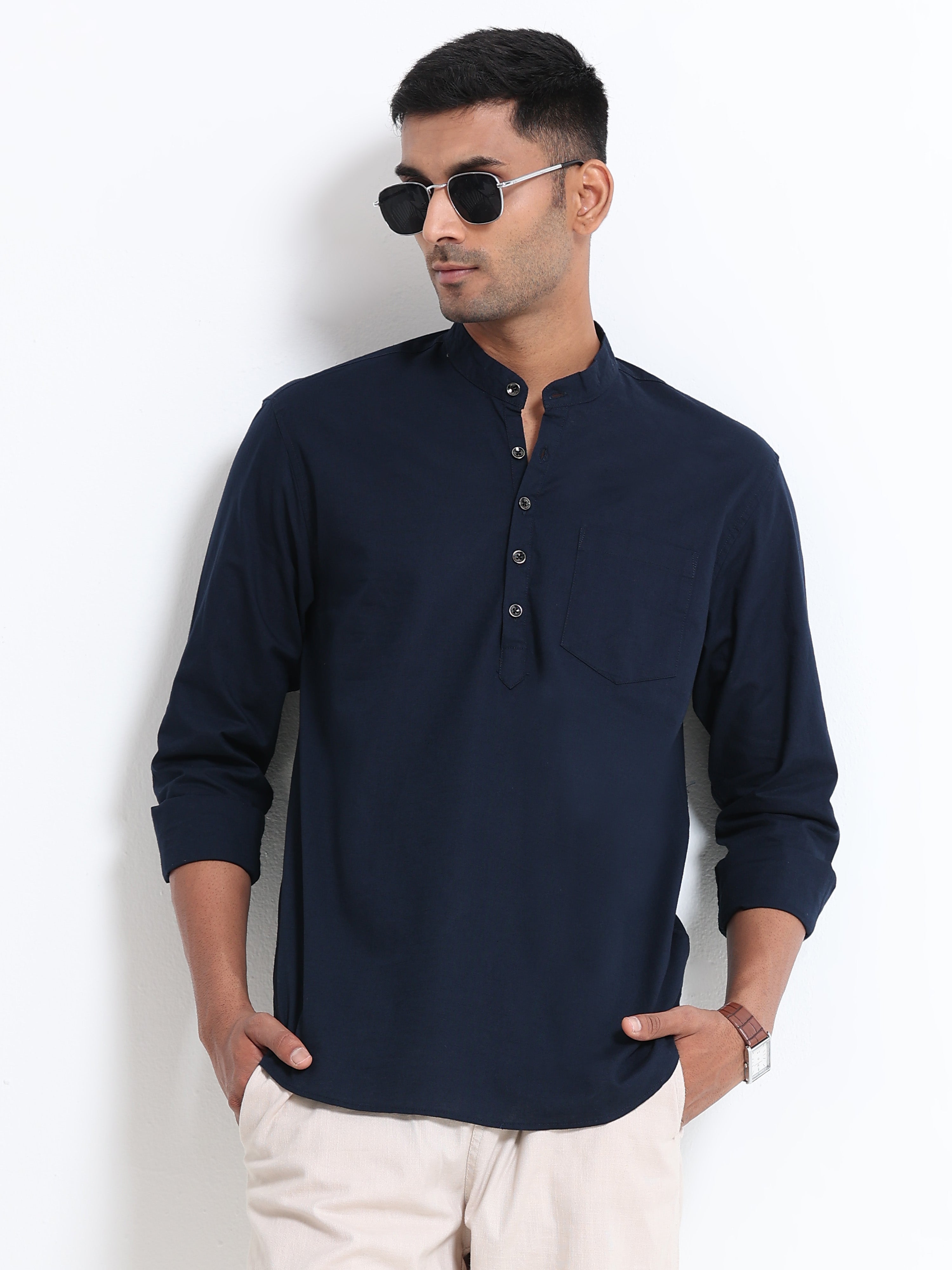 Plain Navy Blue Half Kurta