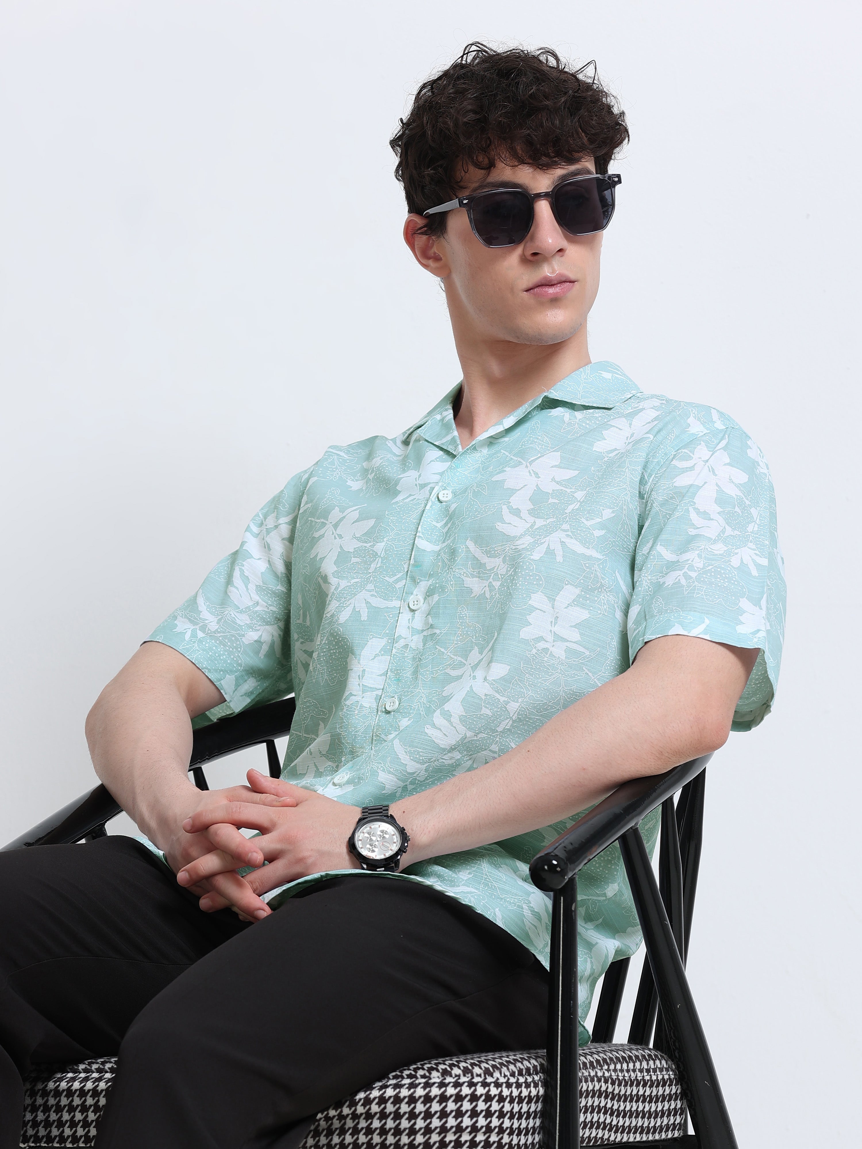 Green Floral Printed Cubban Collar Shirt