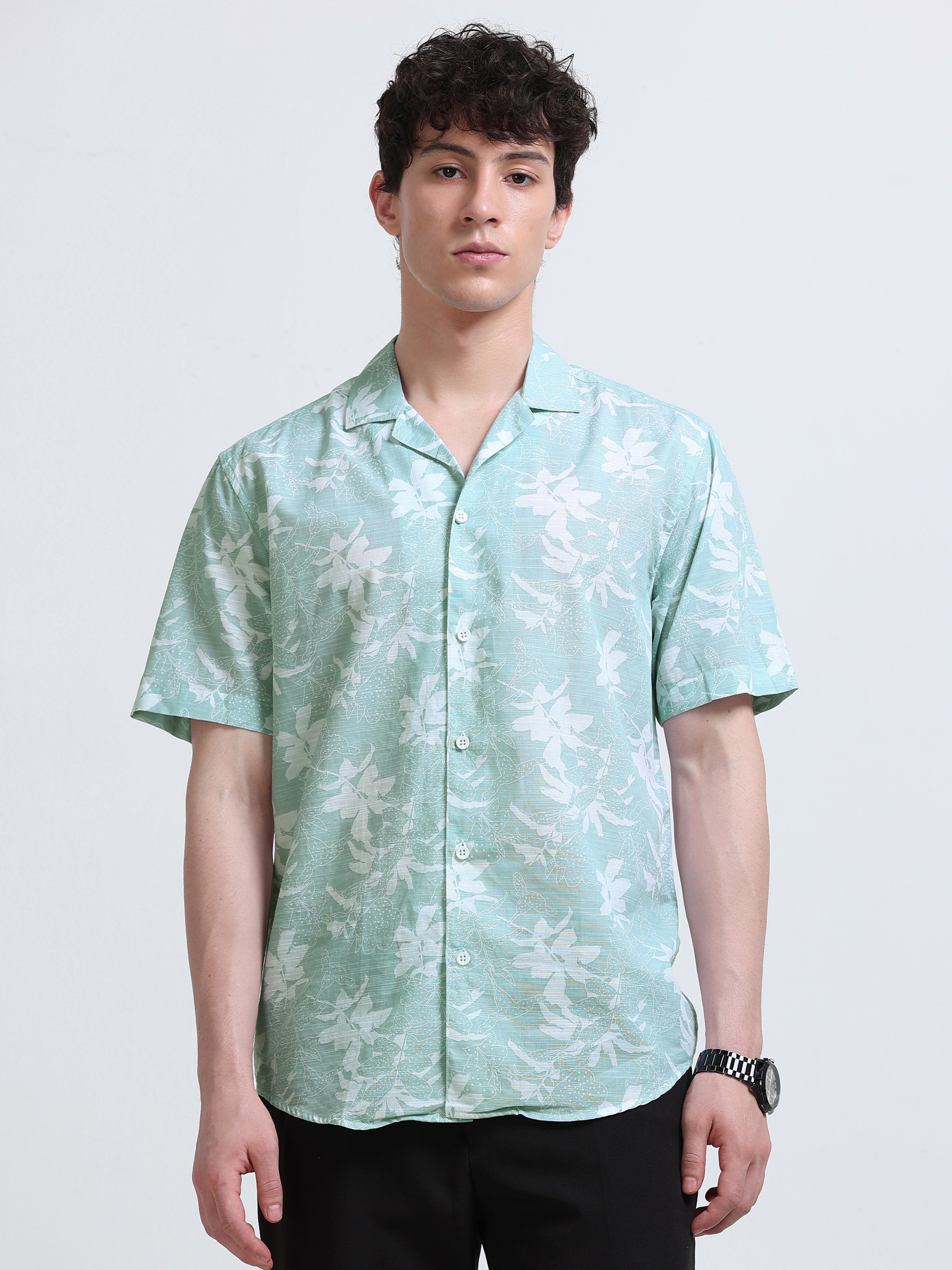 Green Floral Printed Cubban Collar Shirt
