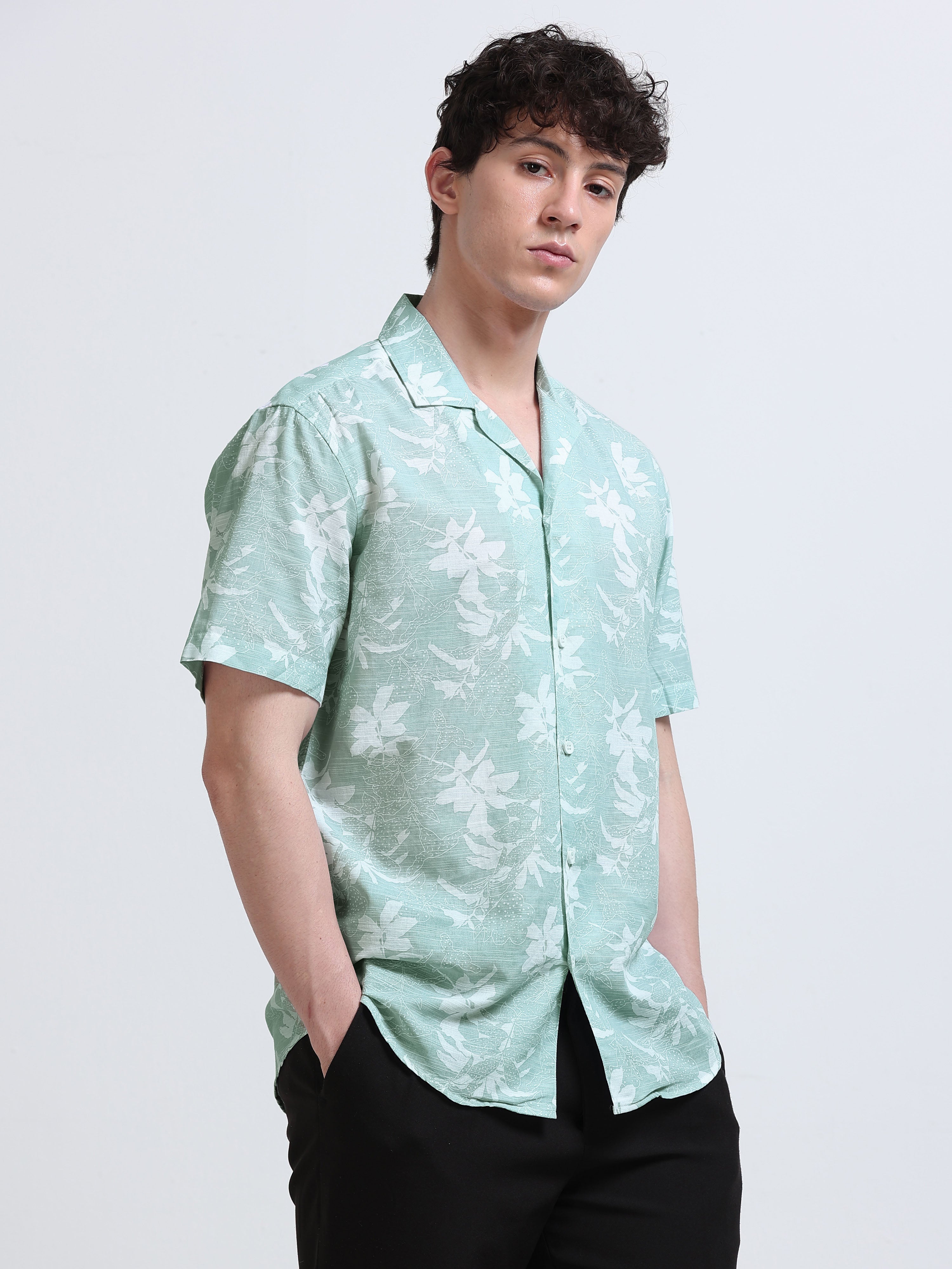 Green Floral Printed Cubban Collar Shirt