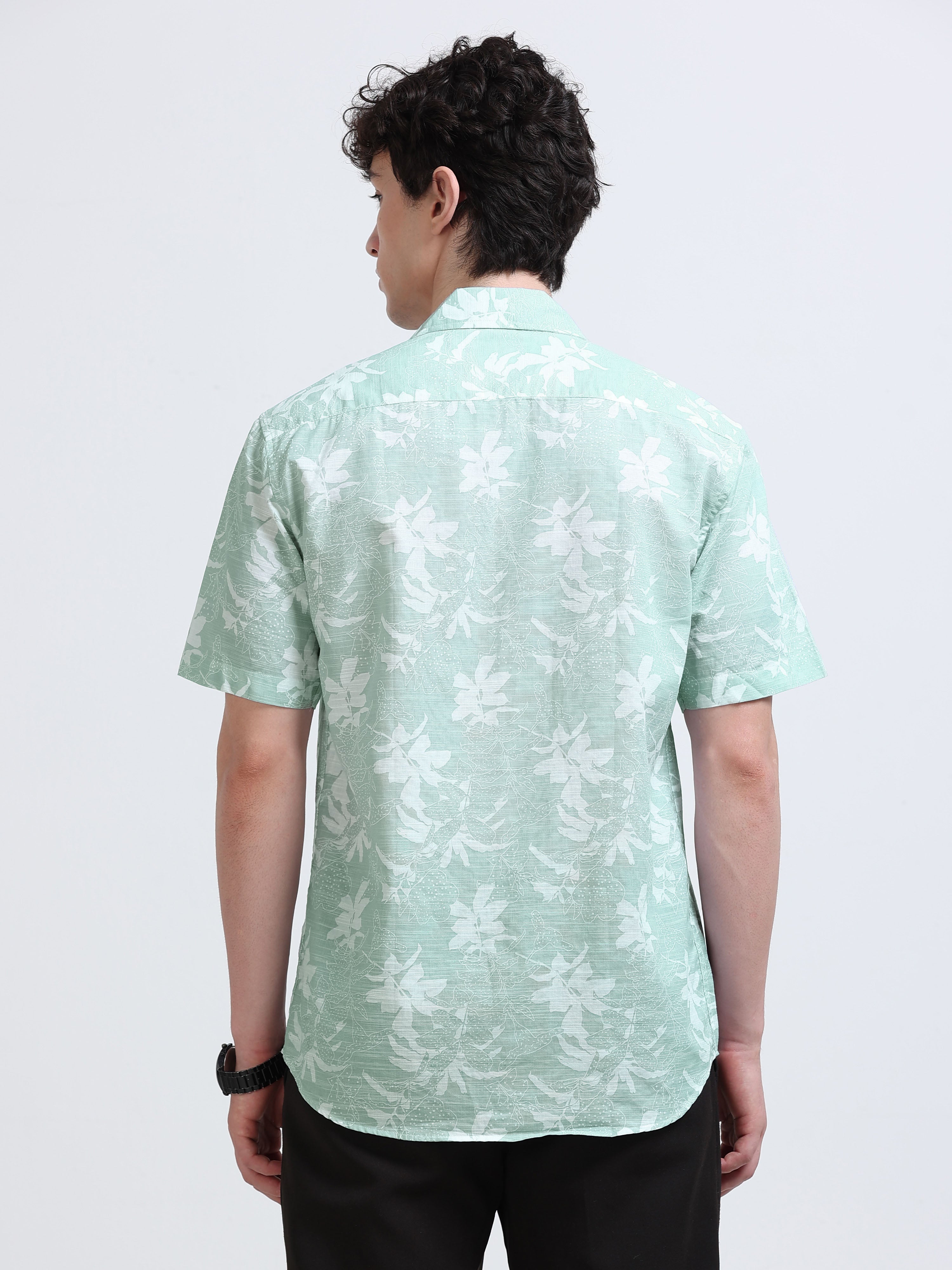 Green Floral Printed Cubban Collar Shirt