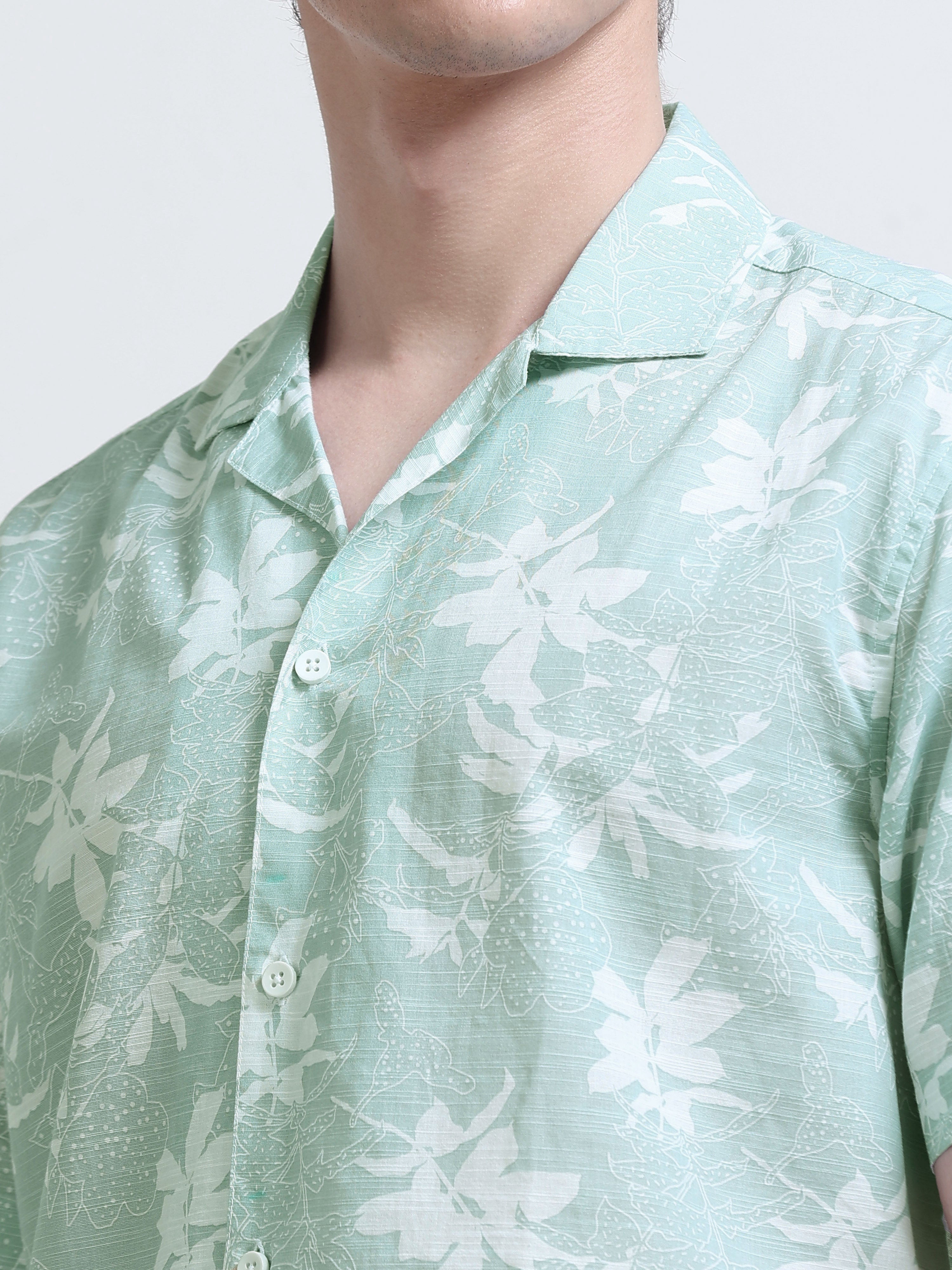 Green Floral Printed Cubban Collar Shirt