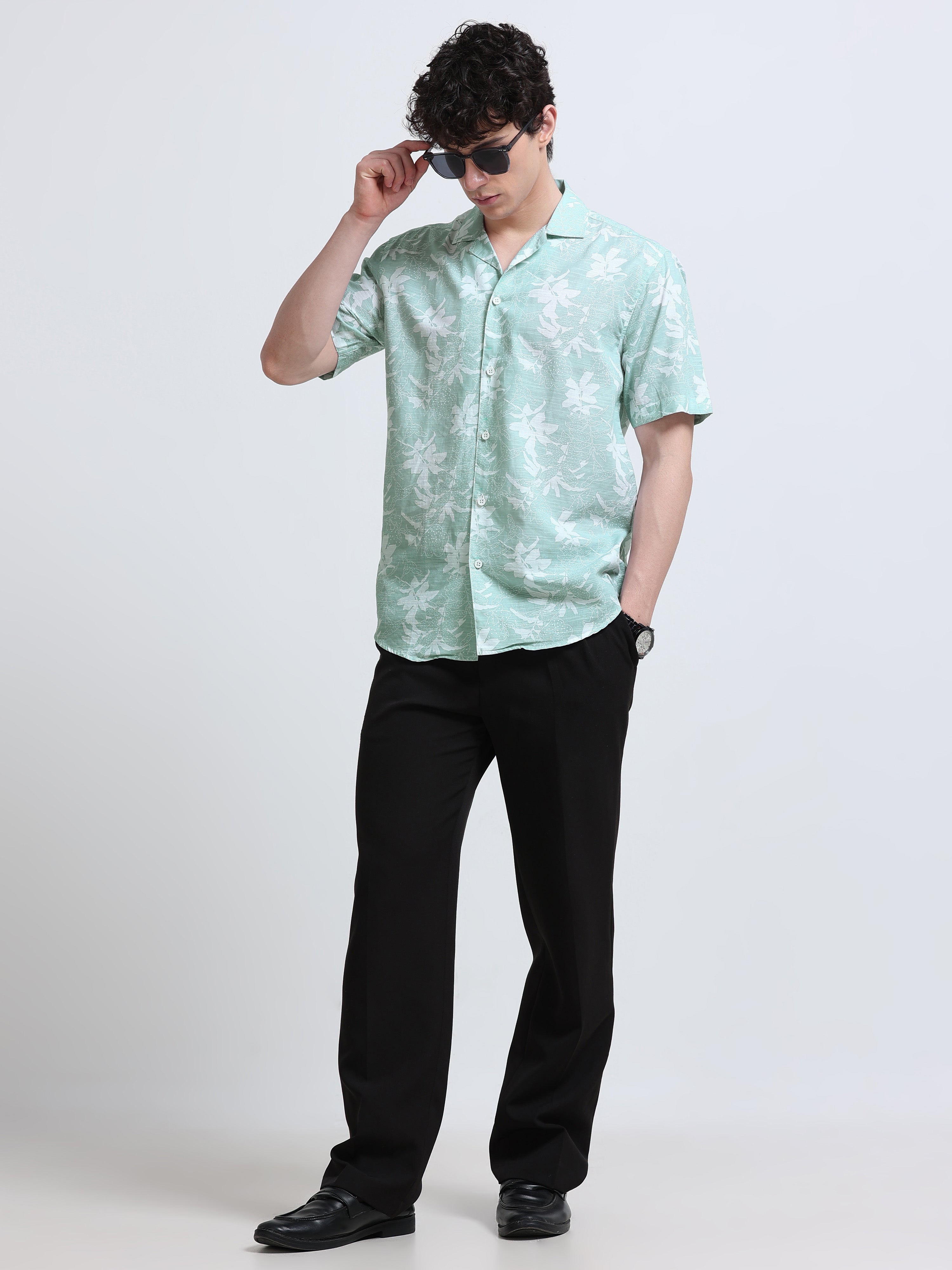 Green Floral Printed Cubban Collar Shirt