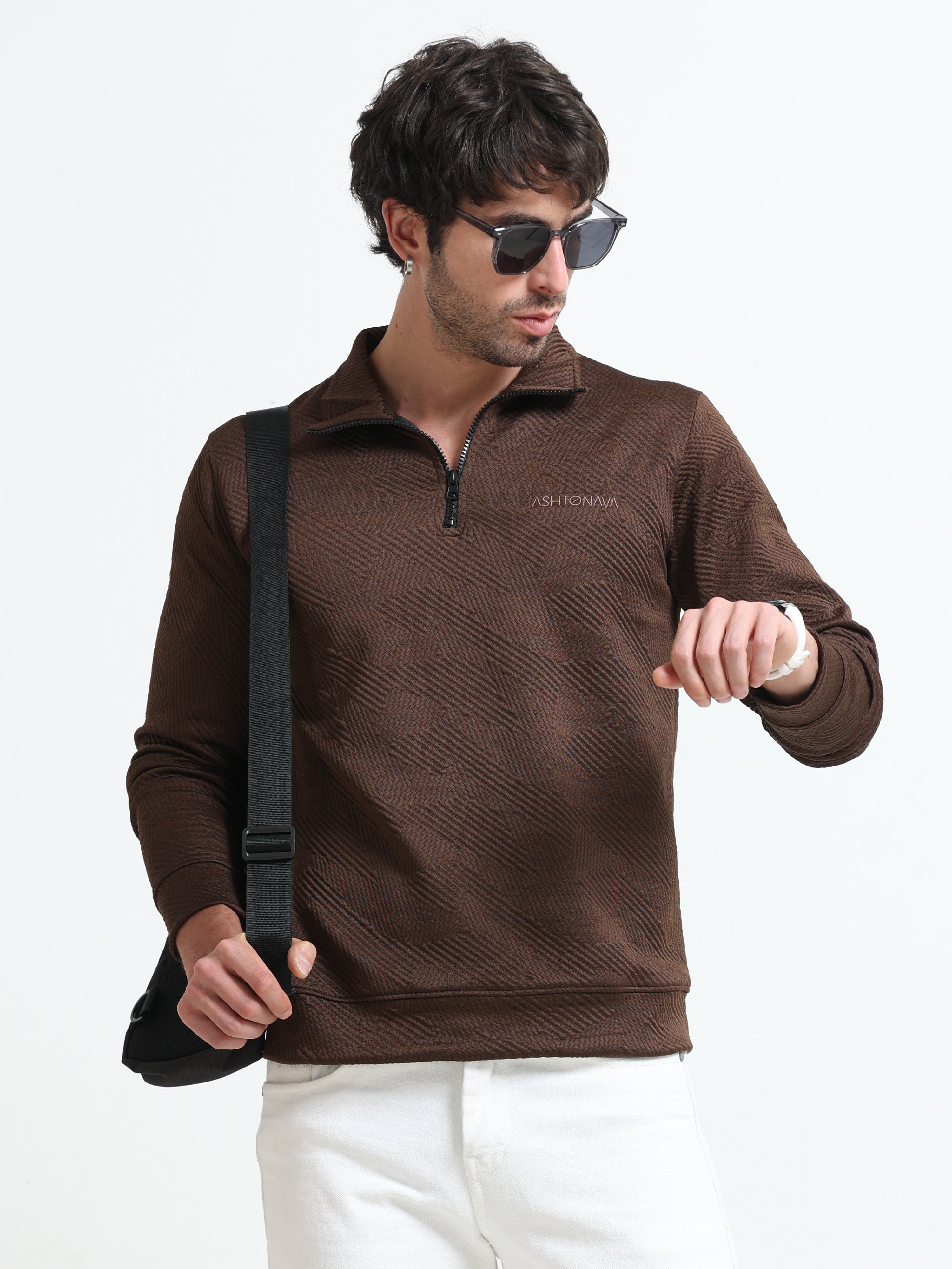 Brown Zipper T-shirt Full Sleeves
