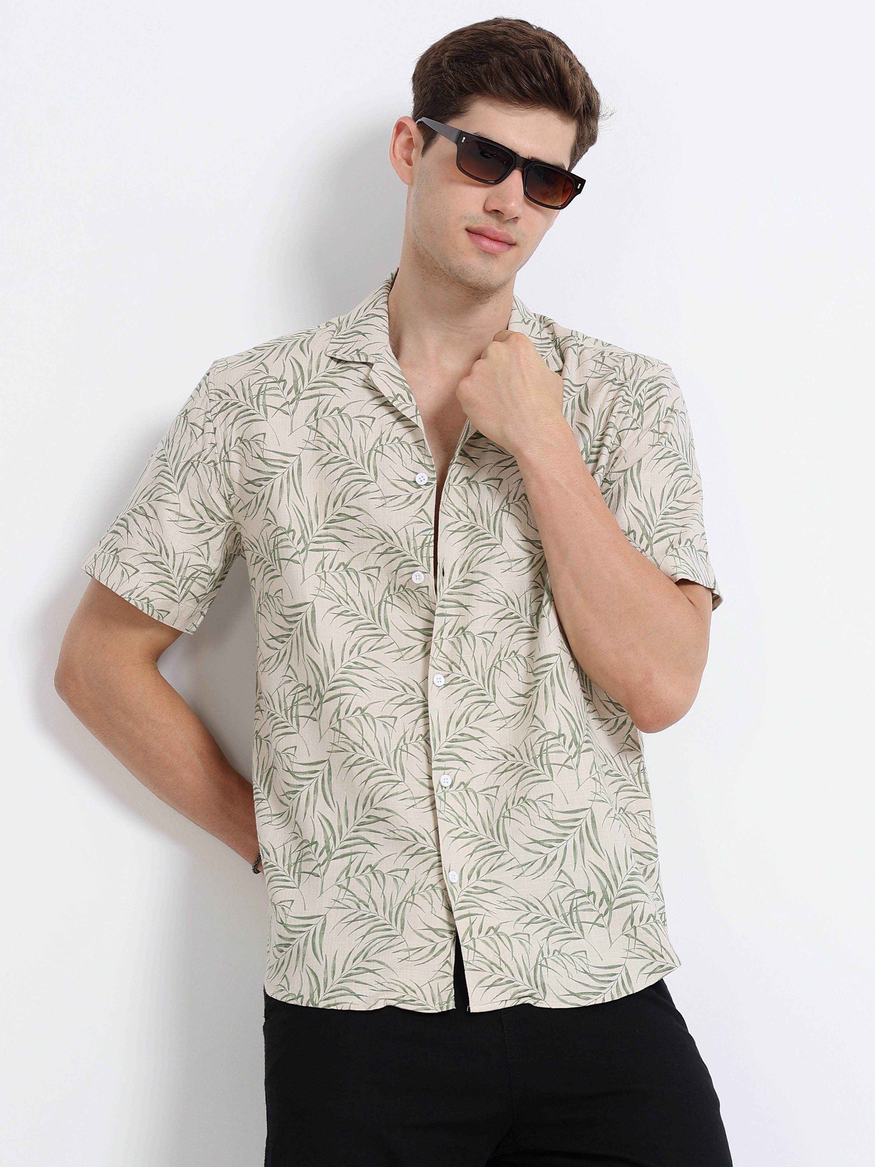 Biege Printed Cubban Collar Shirt