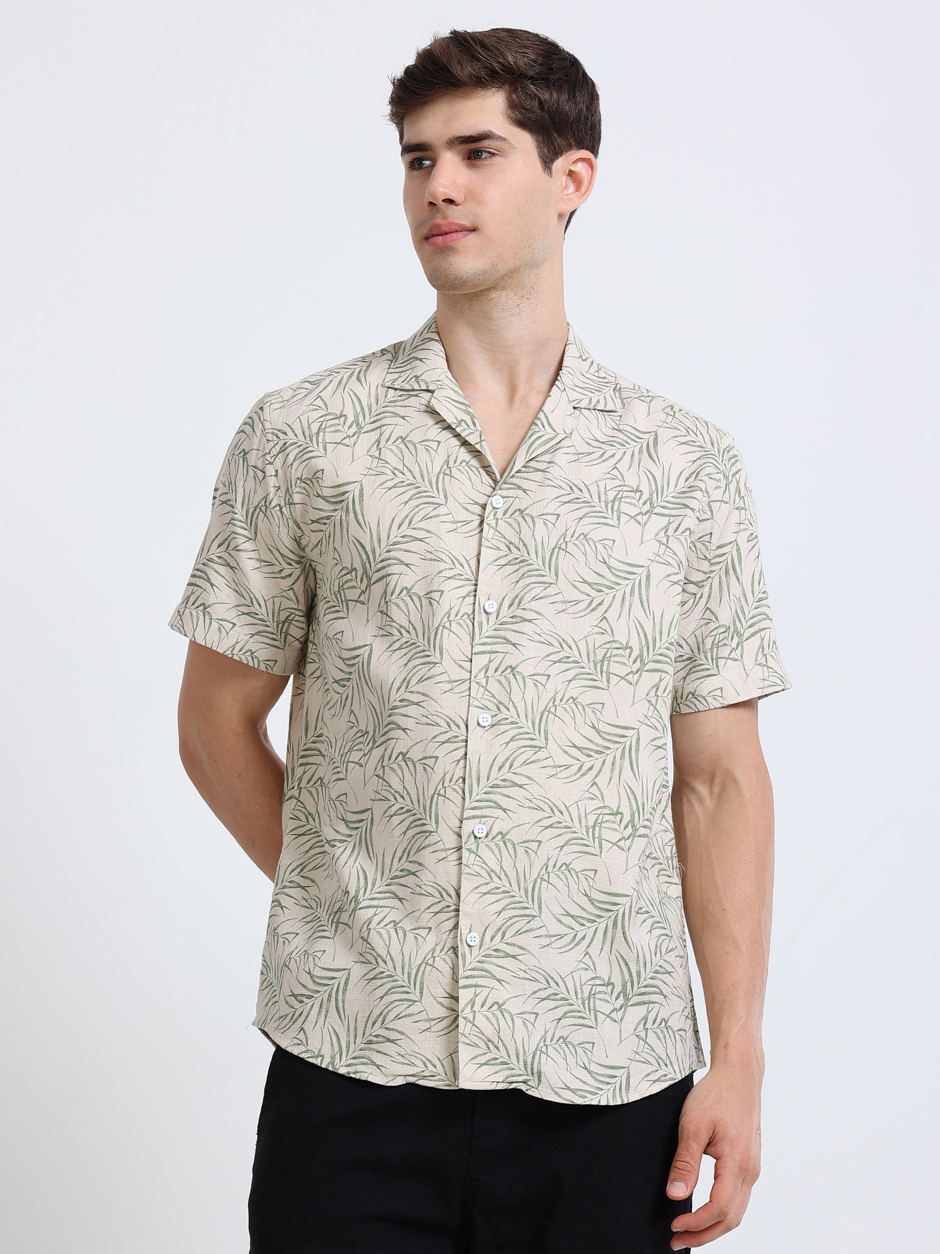 Biege Printed Cubban Collar Shirt