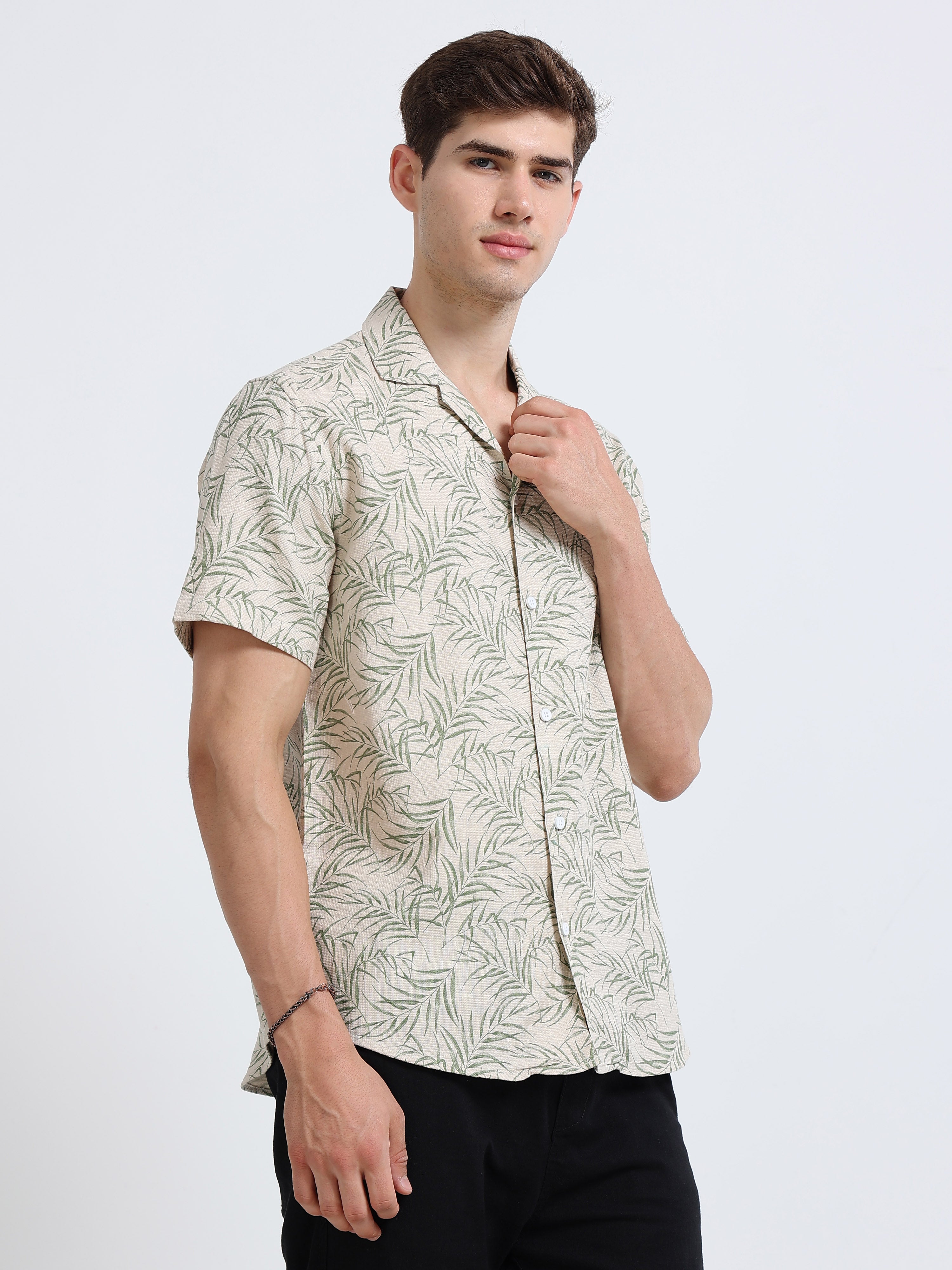 Biege Printed Cubban Collar Shirt
