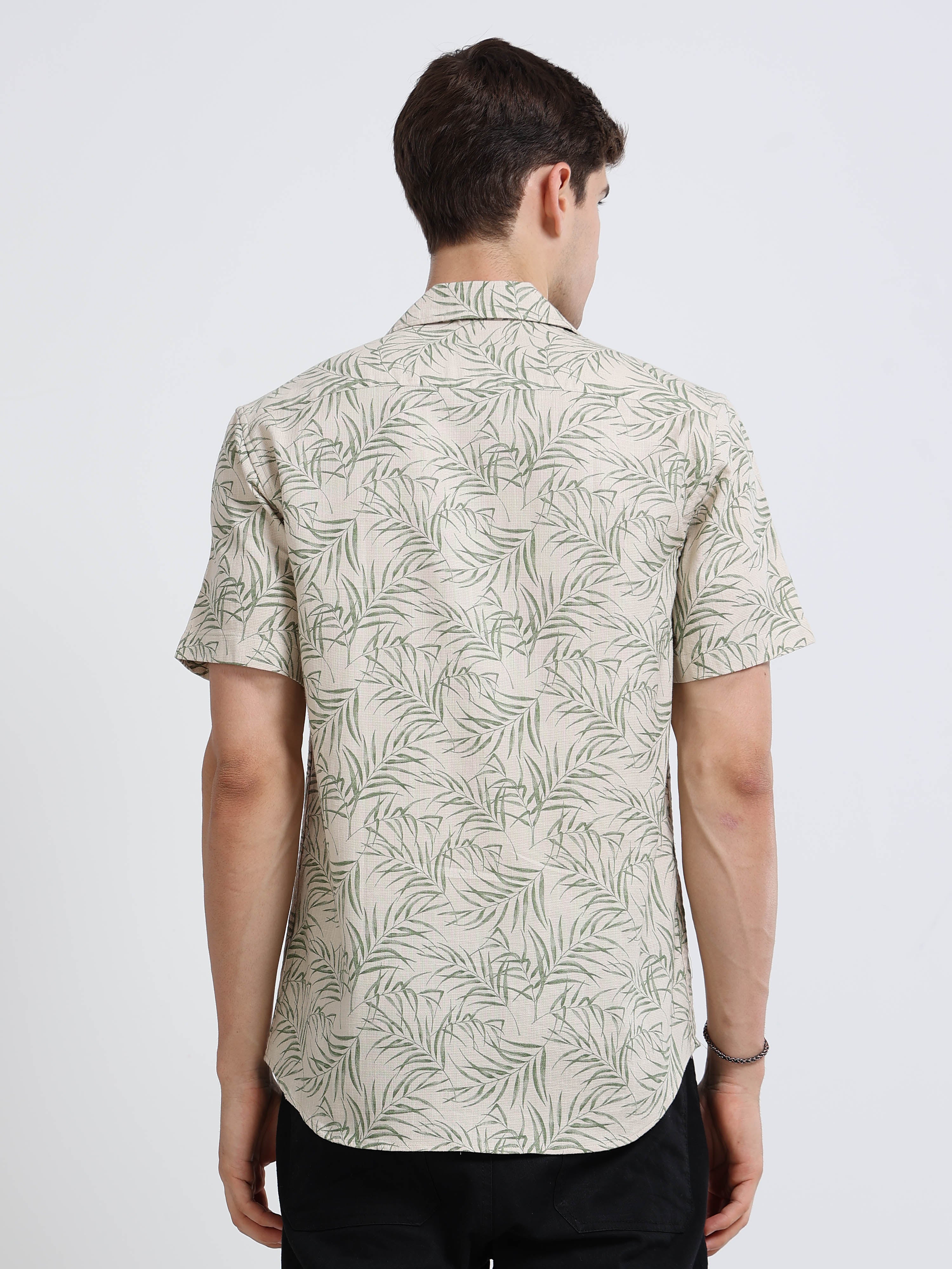 Biege Printed Cubban Collar Shirt