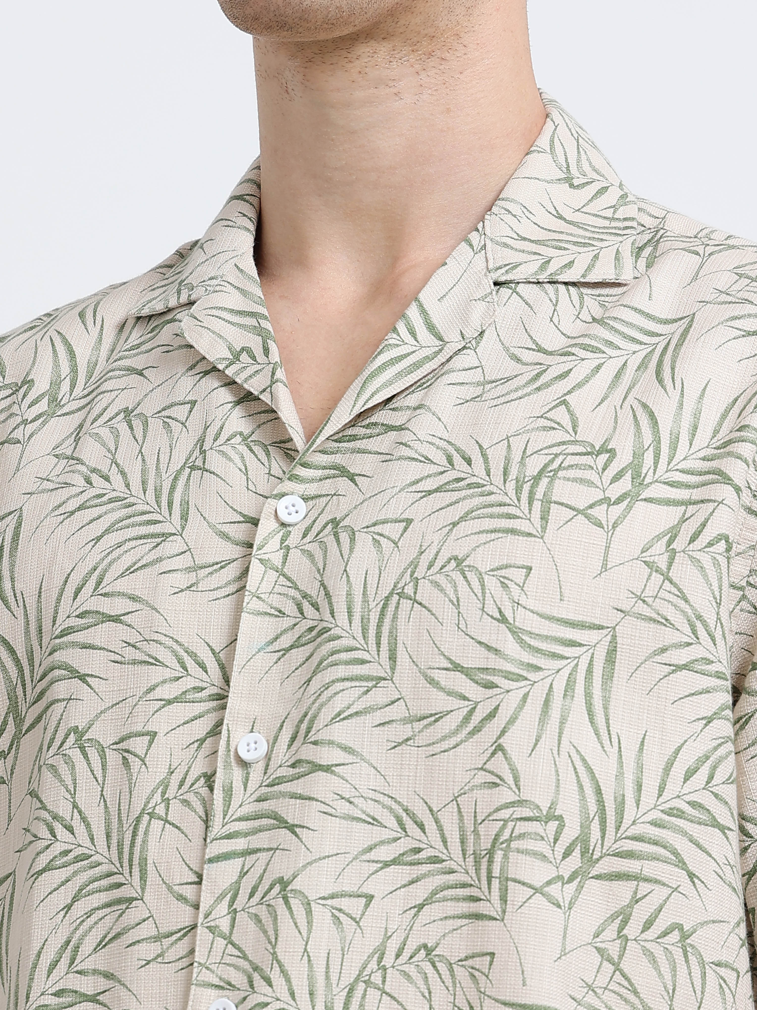 Biege Printed Cubban Collar Shirt
