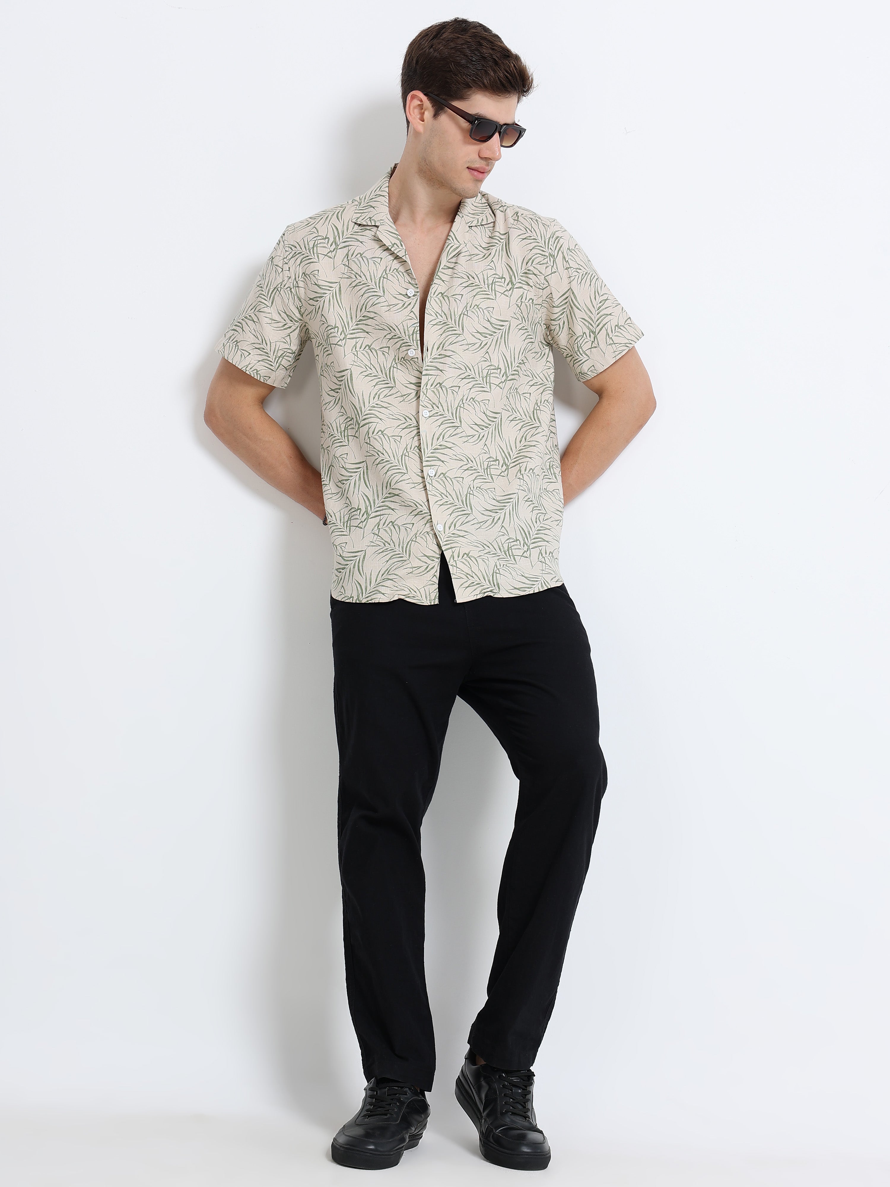 Biege Printed Cubban Collar Shirt