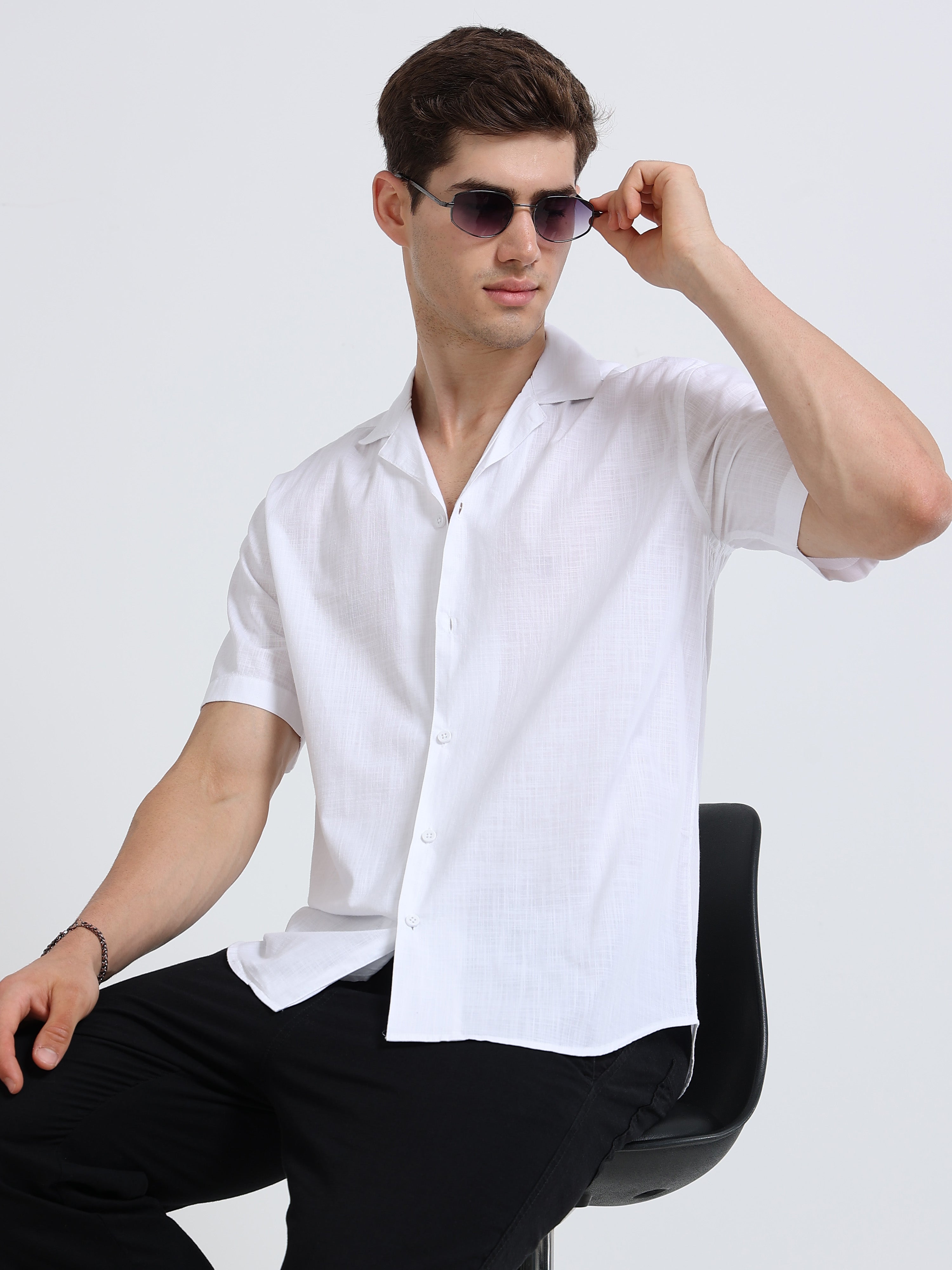 White Linen Cubban Collar Shirt