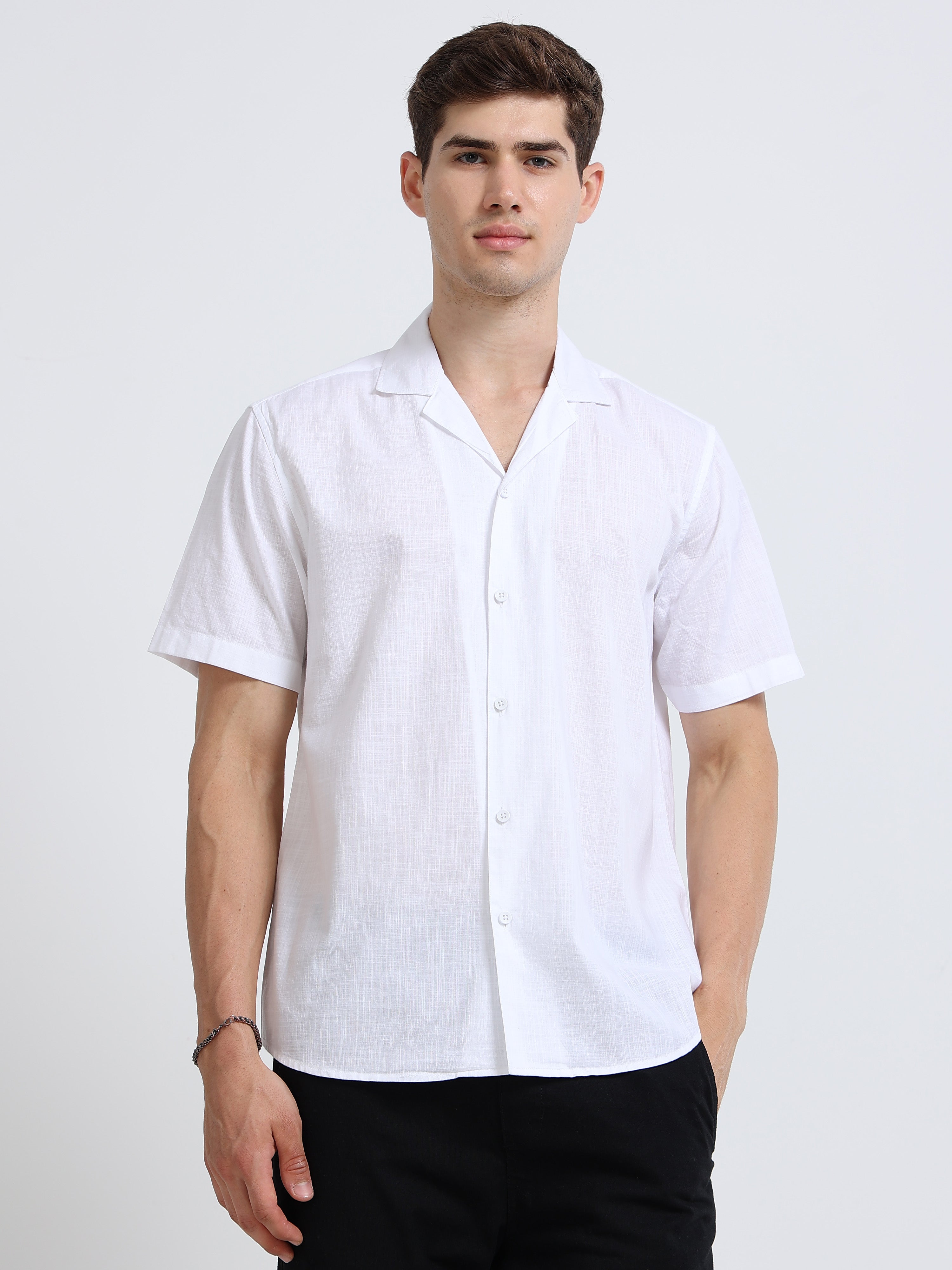 White Linen Cubban Collar Shirt