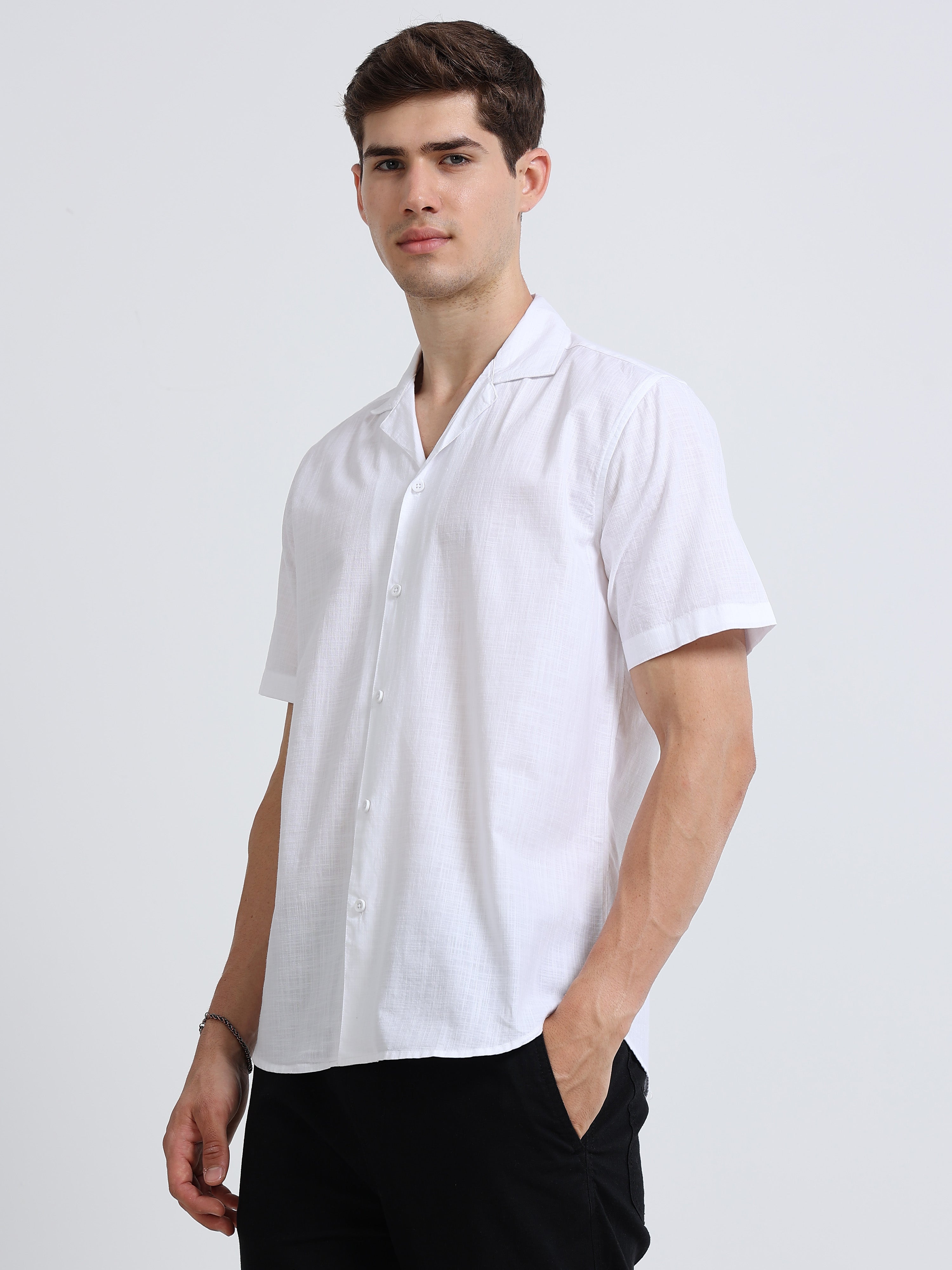 White Linen Cubban Collar Shirt