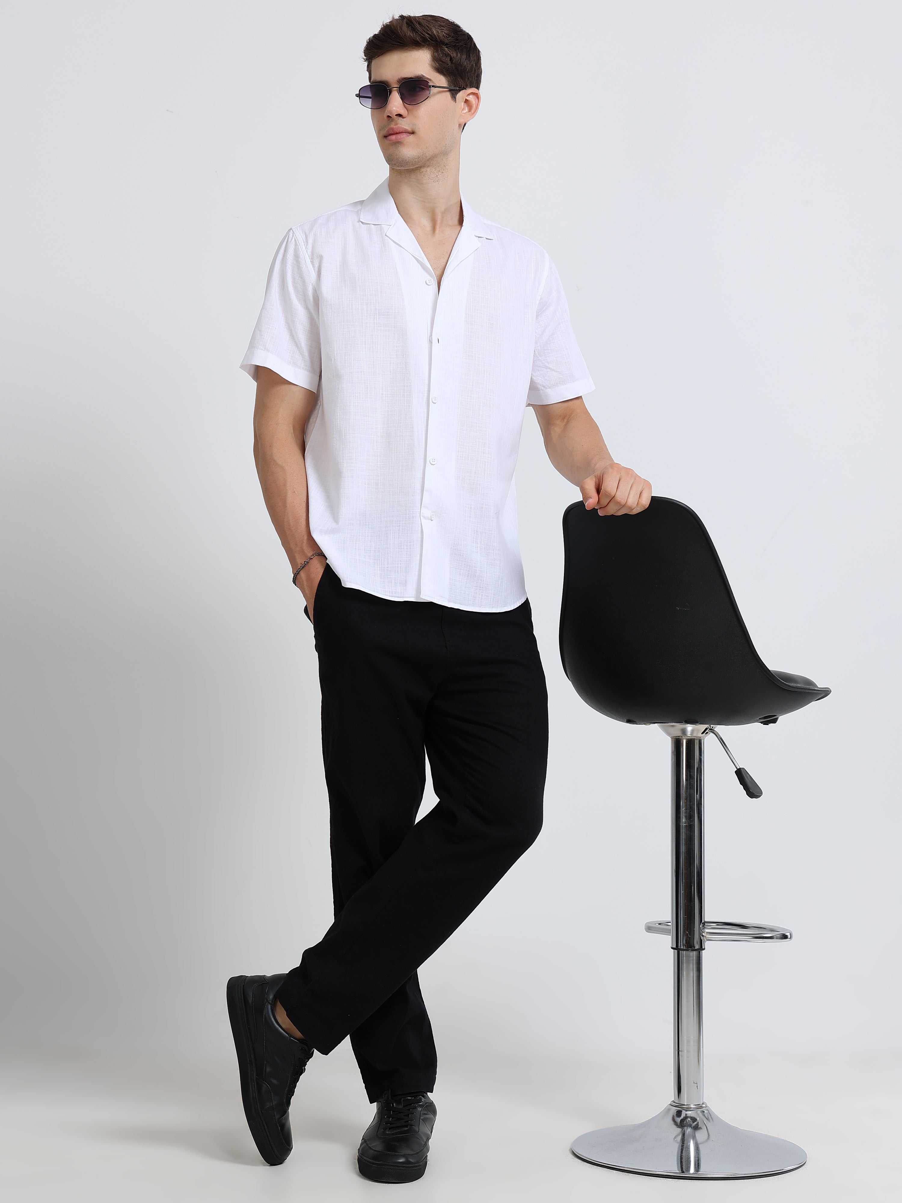 White Linen Cubban Collar Shirt