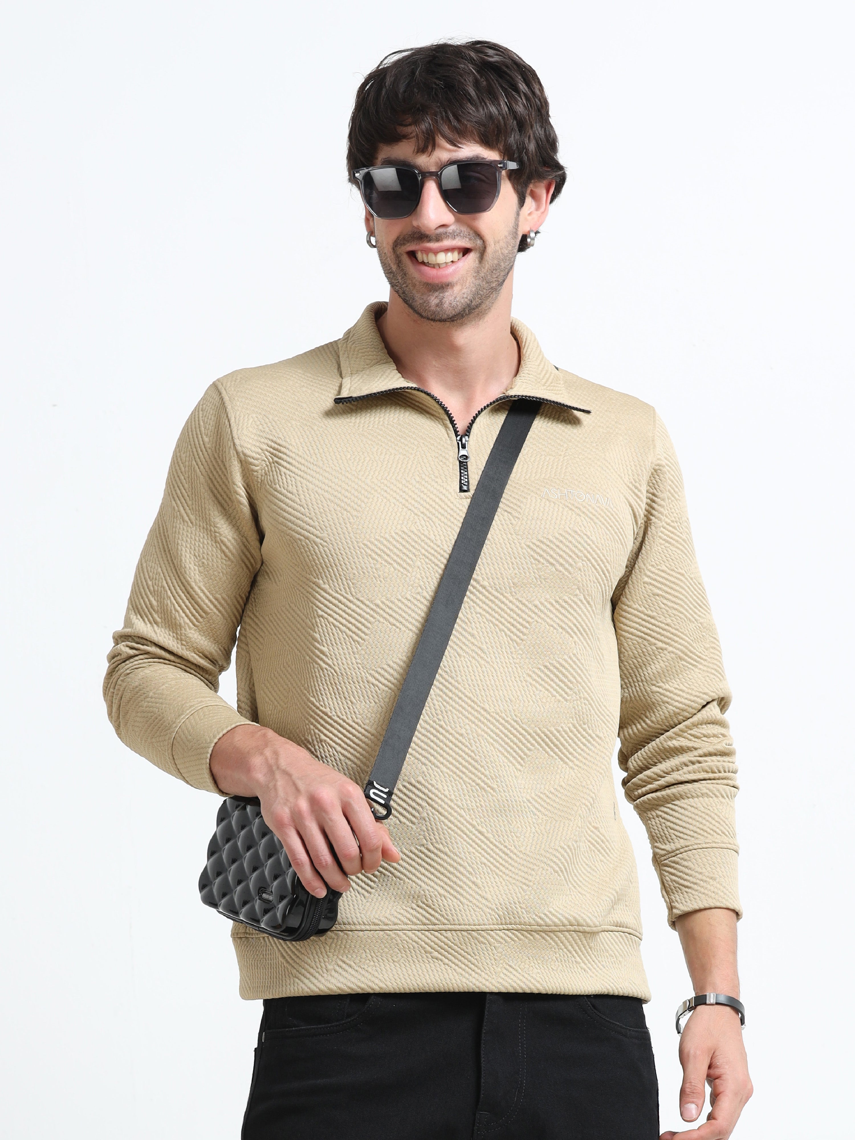 Biege Zipper T-shirt Full Sleeves