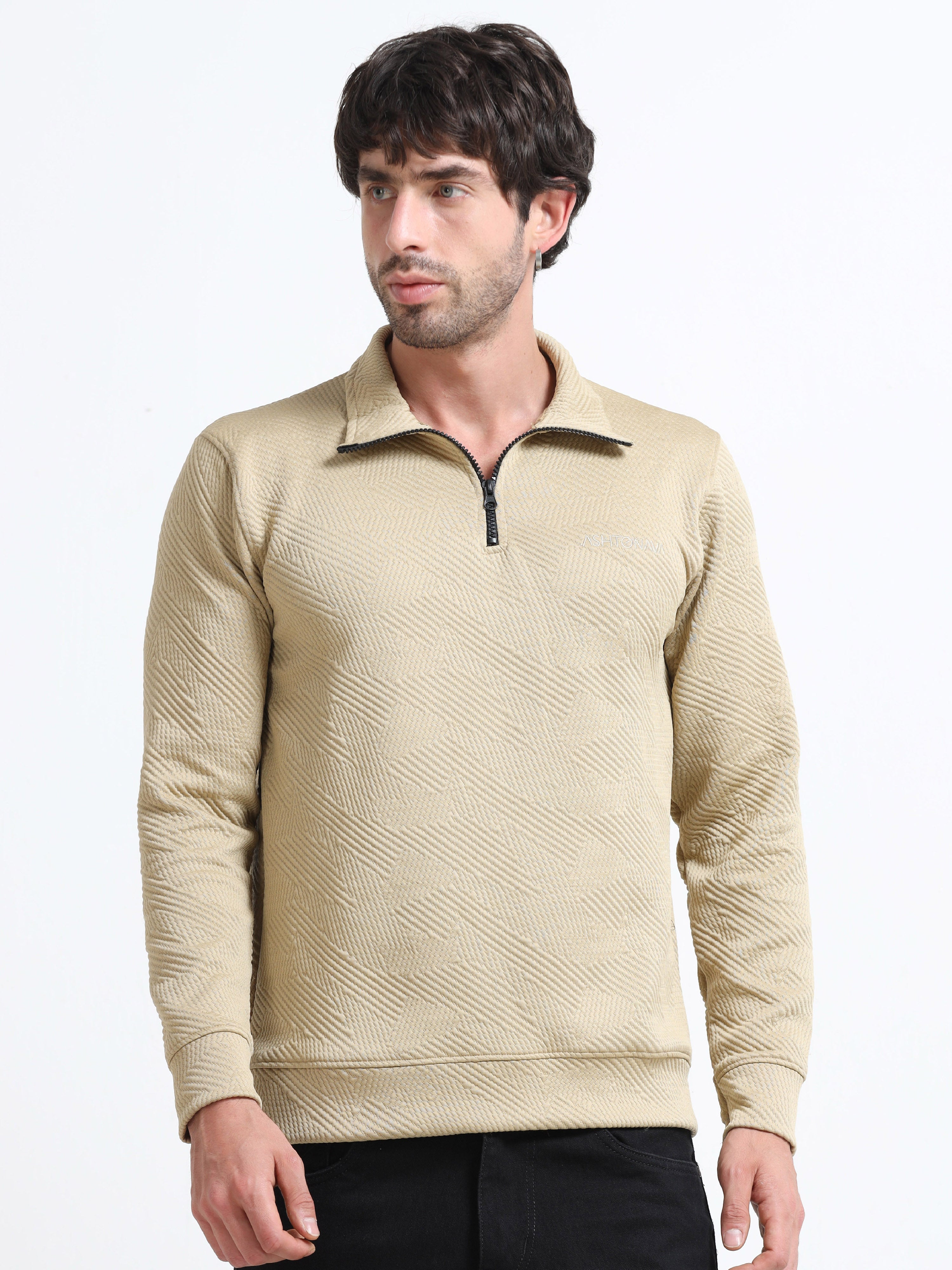Biege Zipper T-shirt Full Sleeves