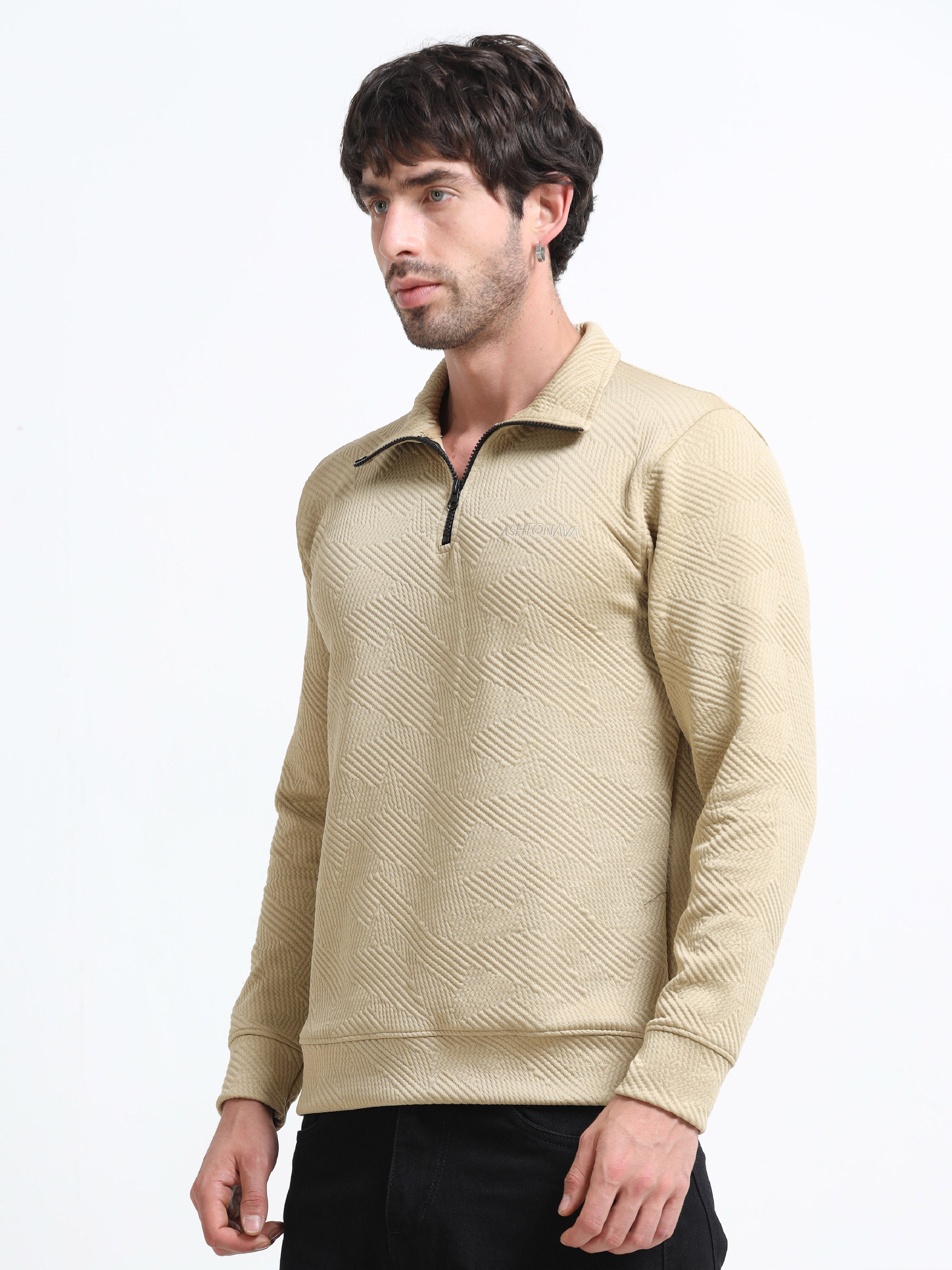 Biege Zipper T-shirt Full Sleeves