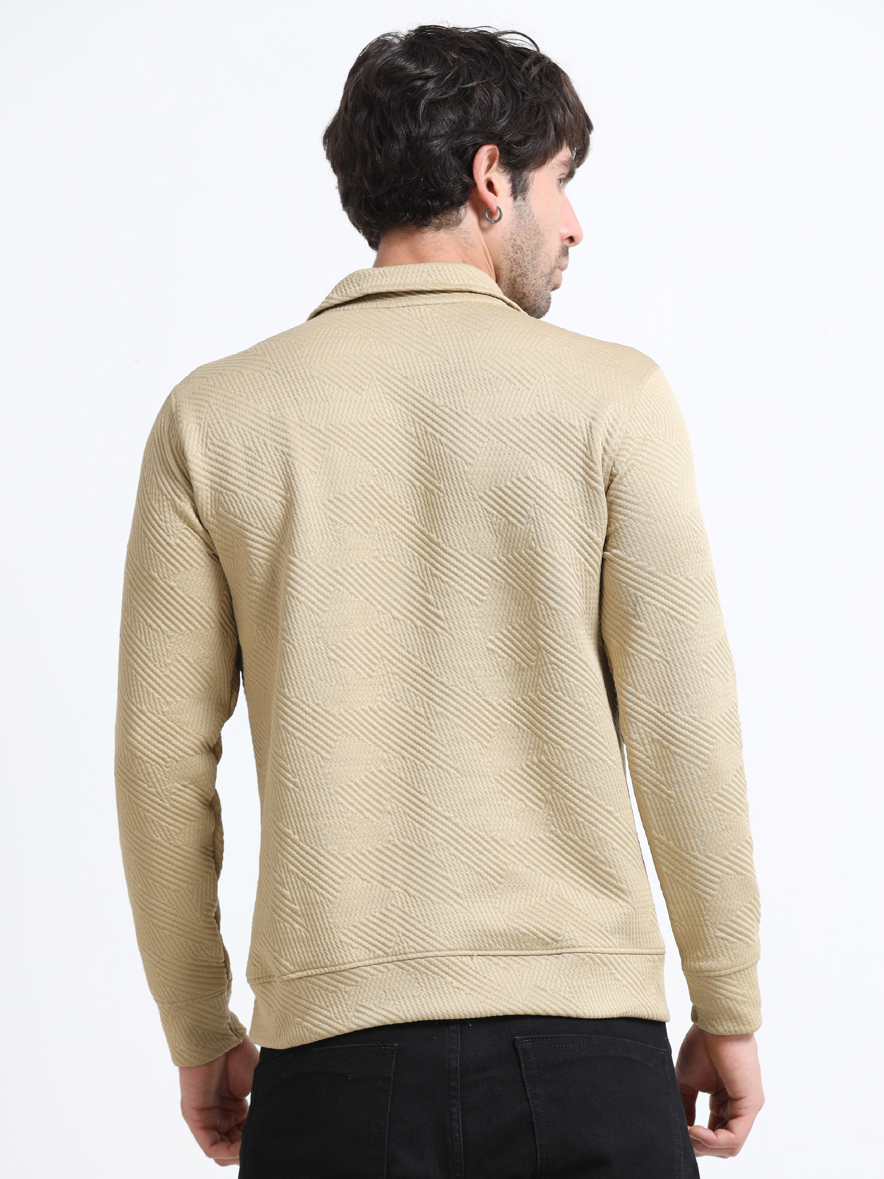 Biege Zipper T-shirt Full Sleeves