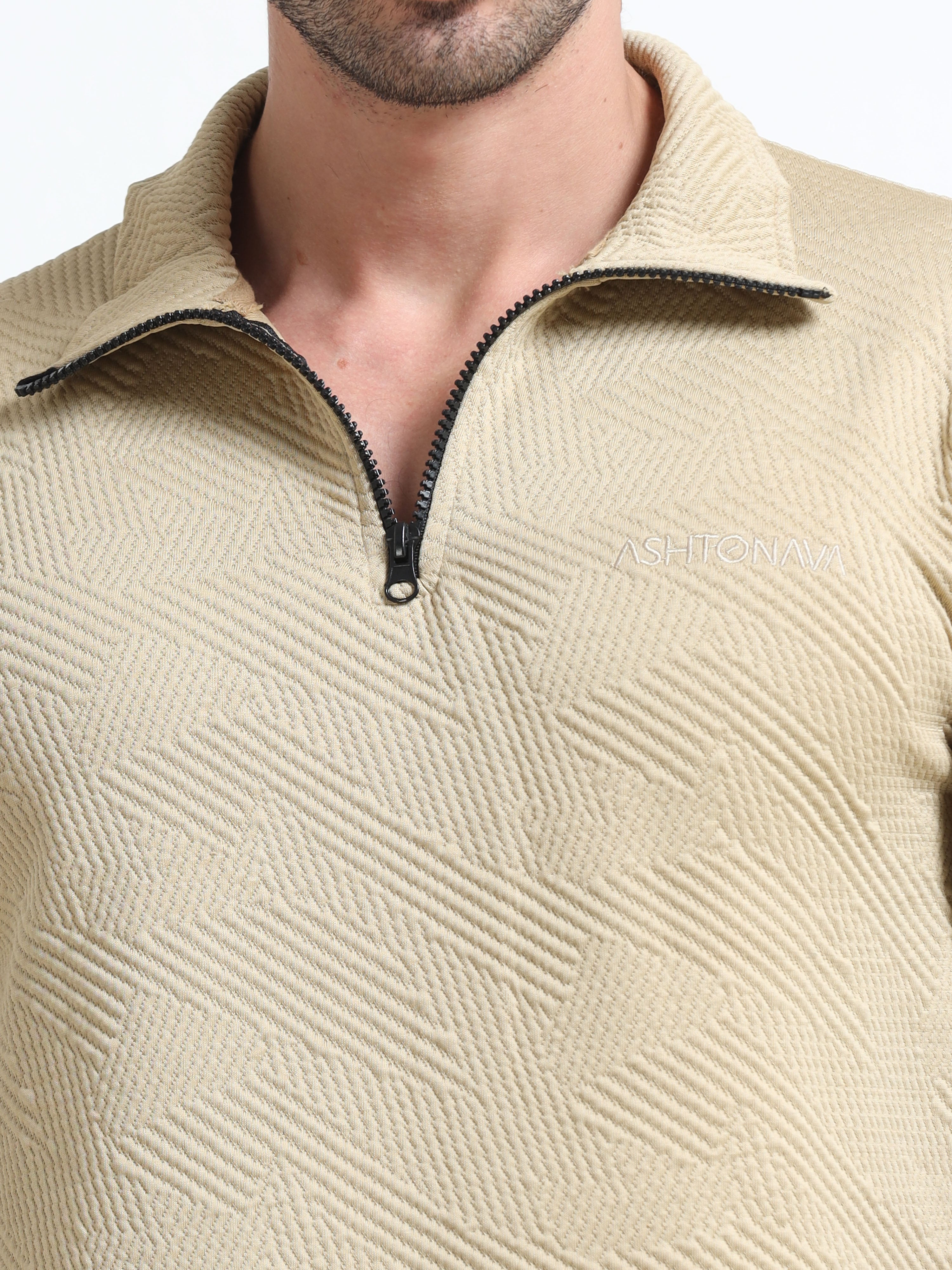 Biege Zipper T-shirt Full Sleeves