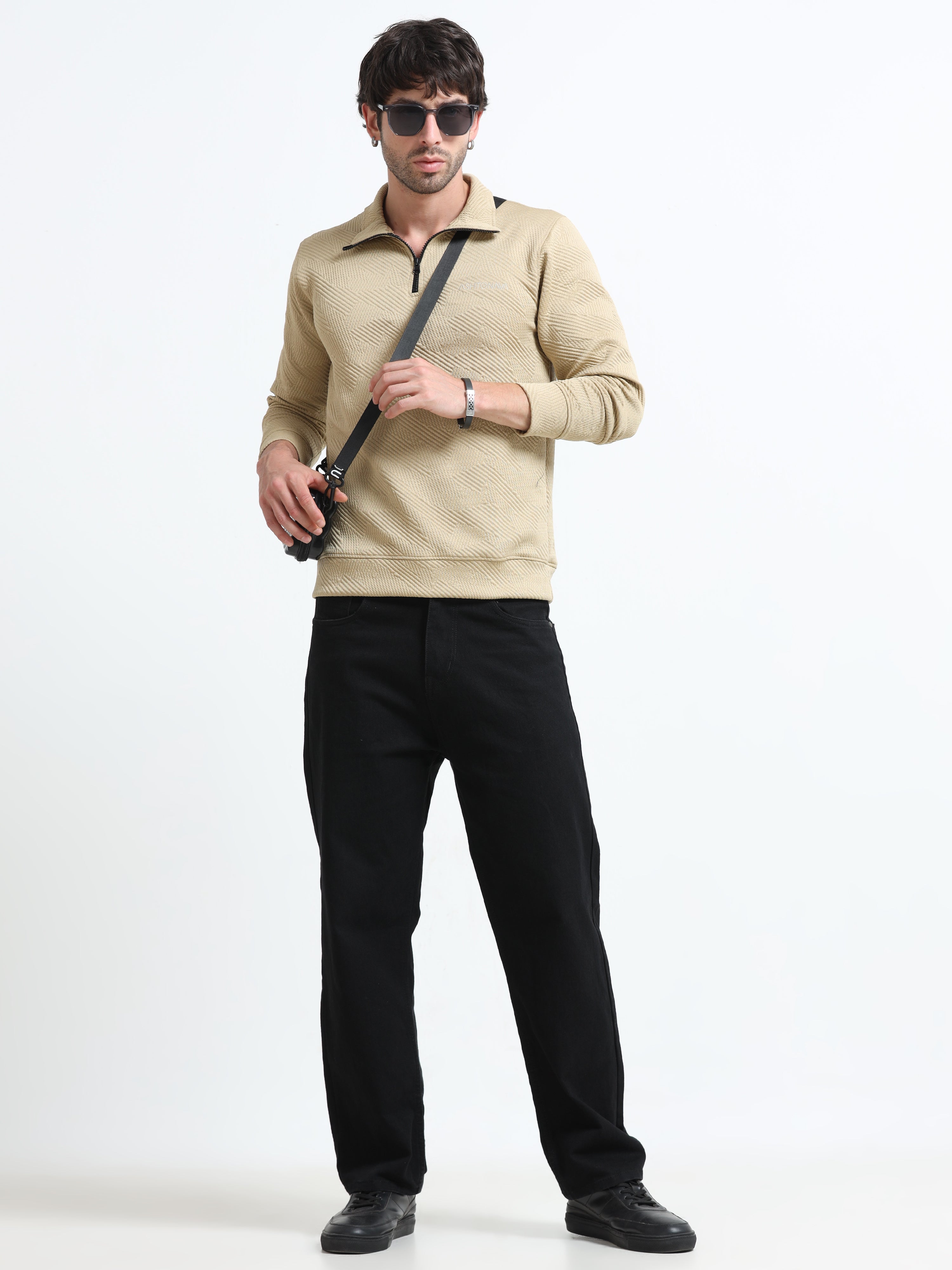 Biege Zipper T-shirt Full Sleeves