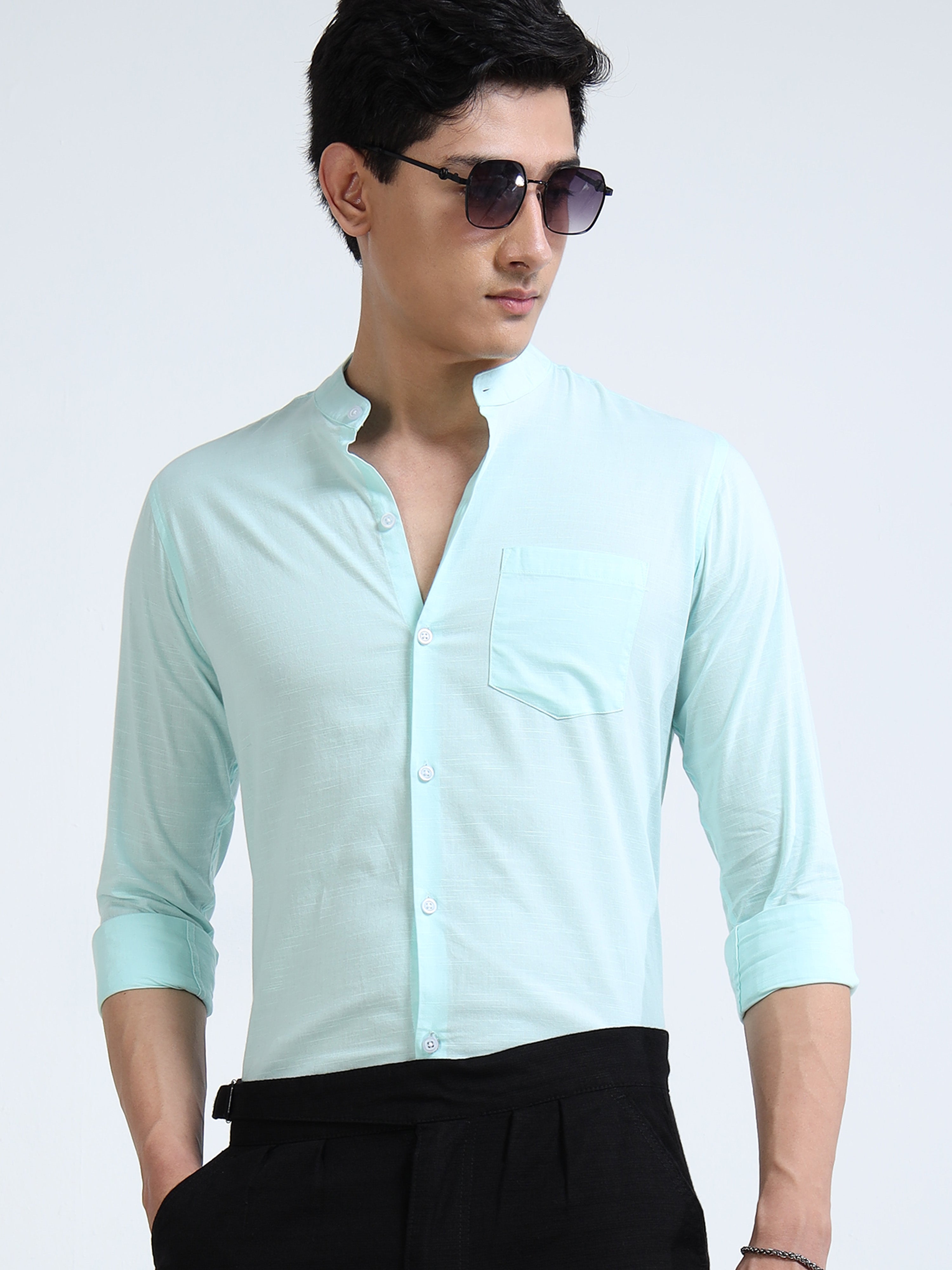 Old Ivy Green Mandarin Collar Cotton-Lenin Shirt