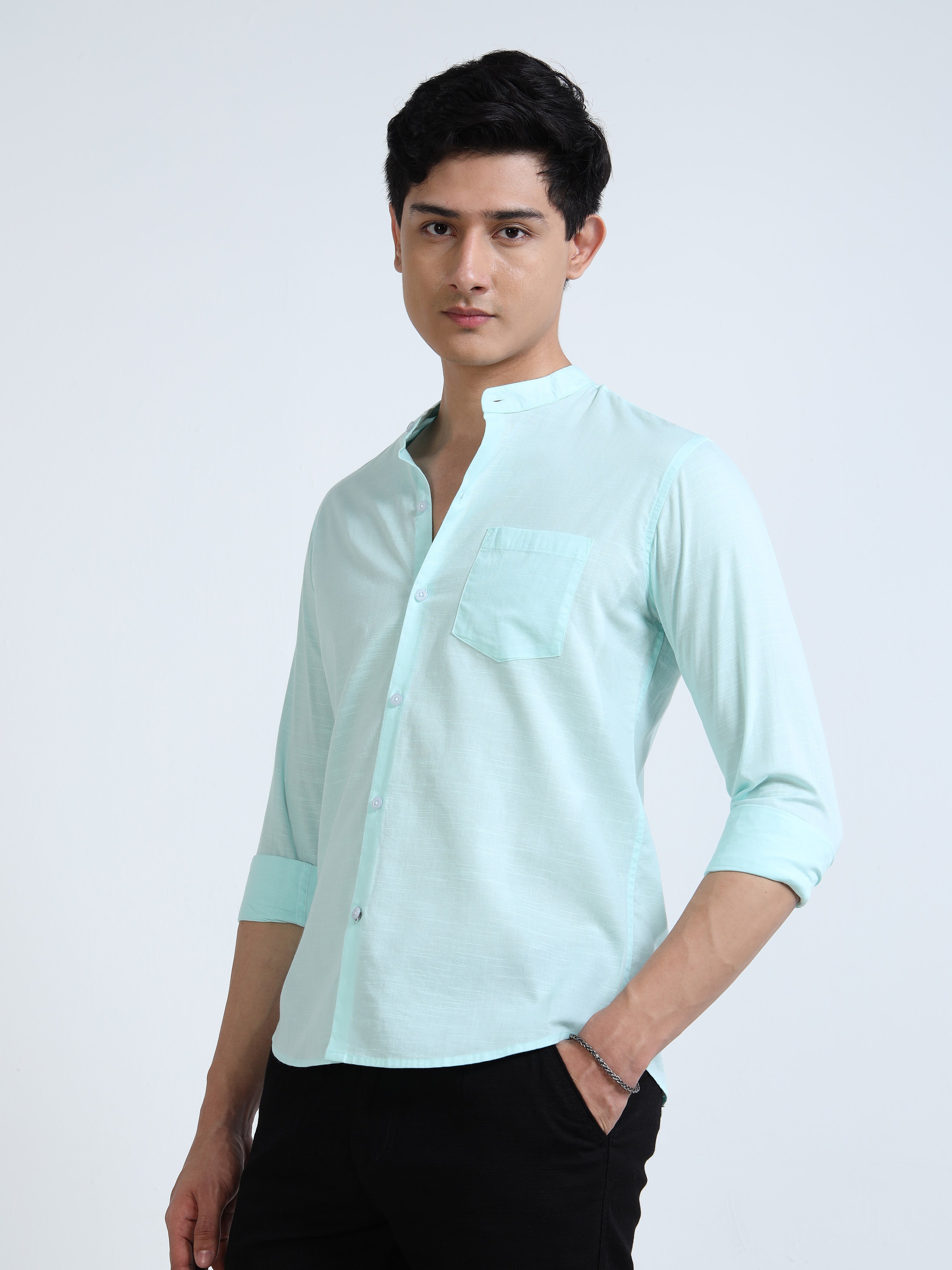 Old Ivy Green Mandarin Collar Cotton-Lenin Shirt