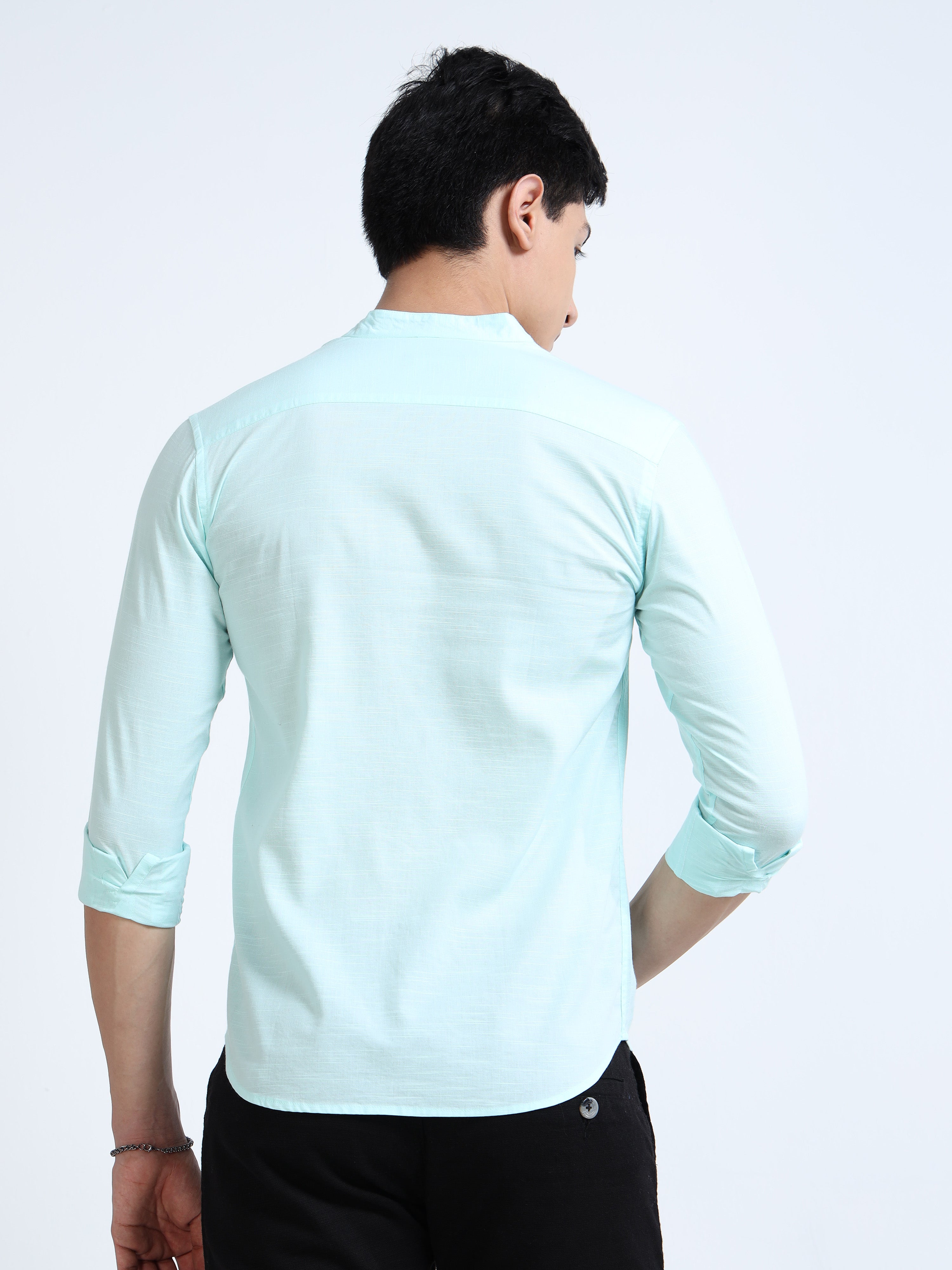 Old Ivy Green Mandarin Collar Cotton-Lenin Shirt