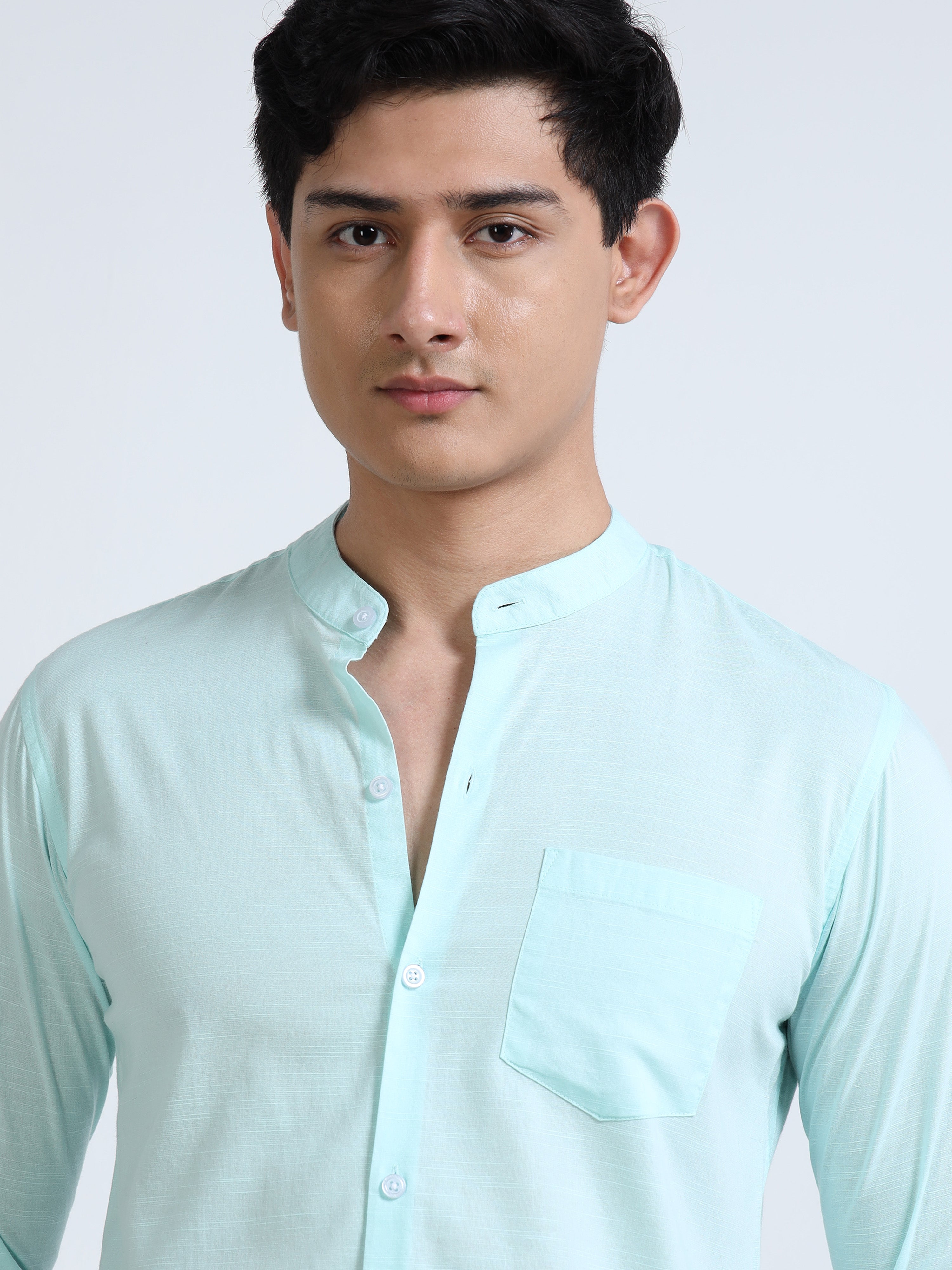 Old Ivy Green Mandarin Collar Cotton-Lenin Shirt