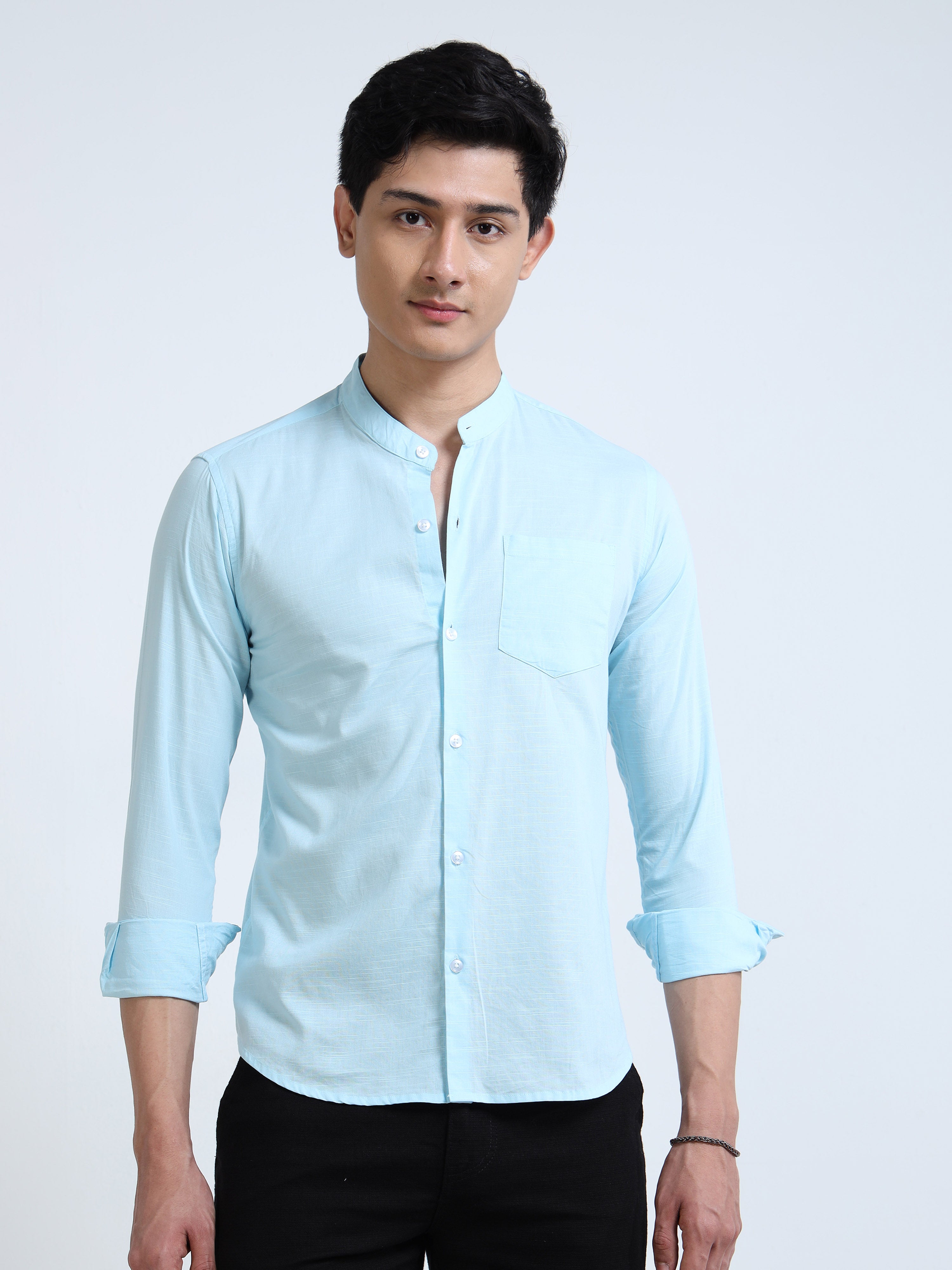 Sky Blue Mandarin Collar Cotton-Lenin Shirt