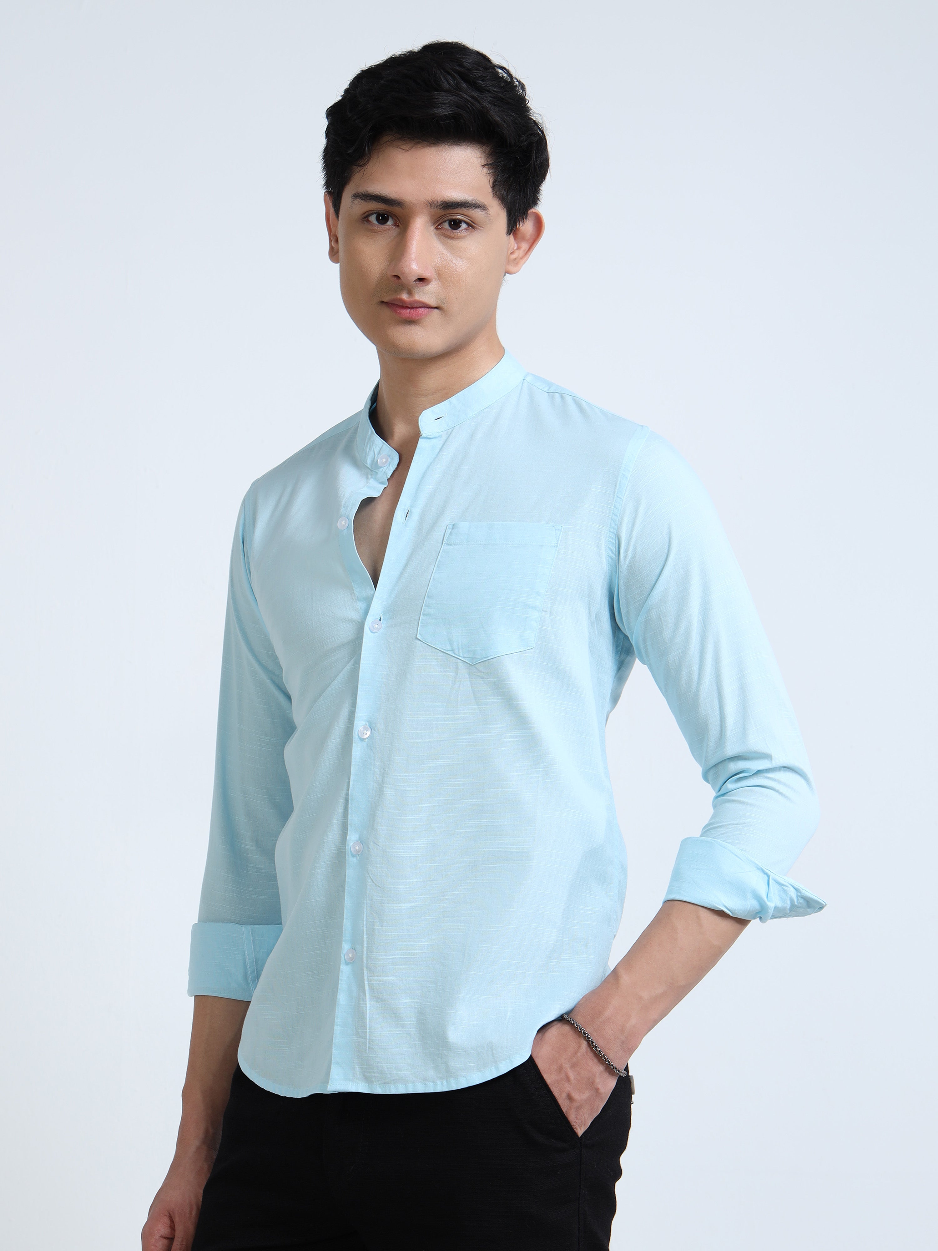 Sky Blue Mandarin Collar Cotton-Lenin Shirt