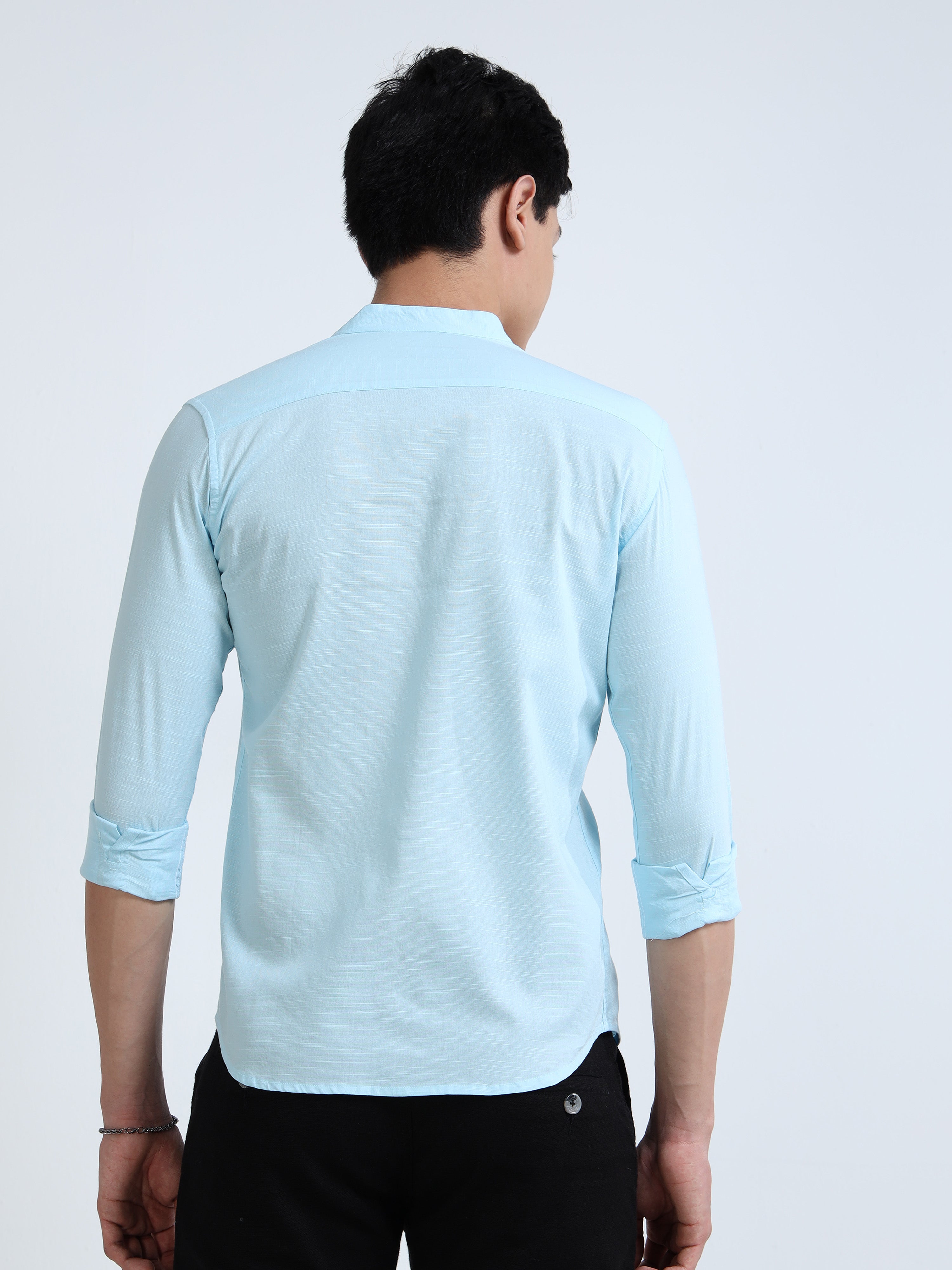 Sky Blue Mandarin Collar Cotton-Lenin Shirt