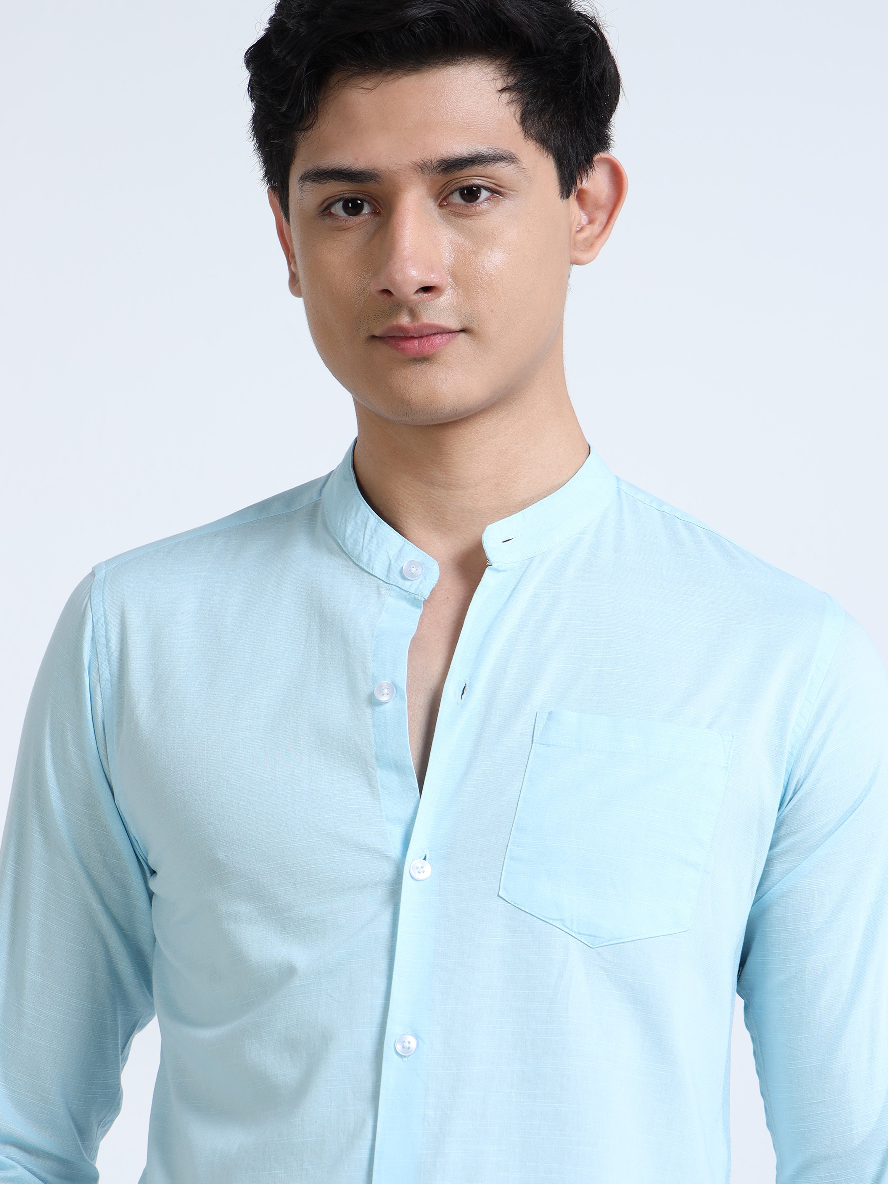 Sky Blue Mandarin Collar Cotton-Lenin Shirt