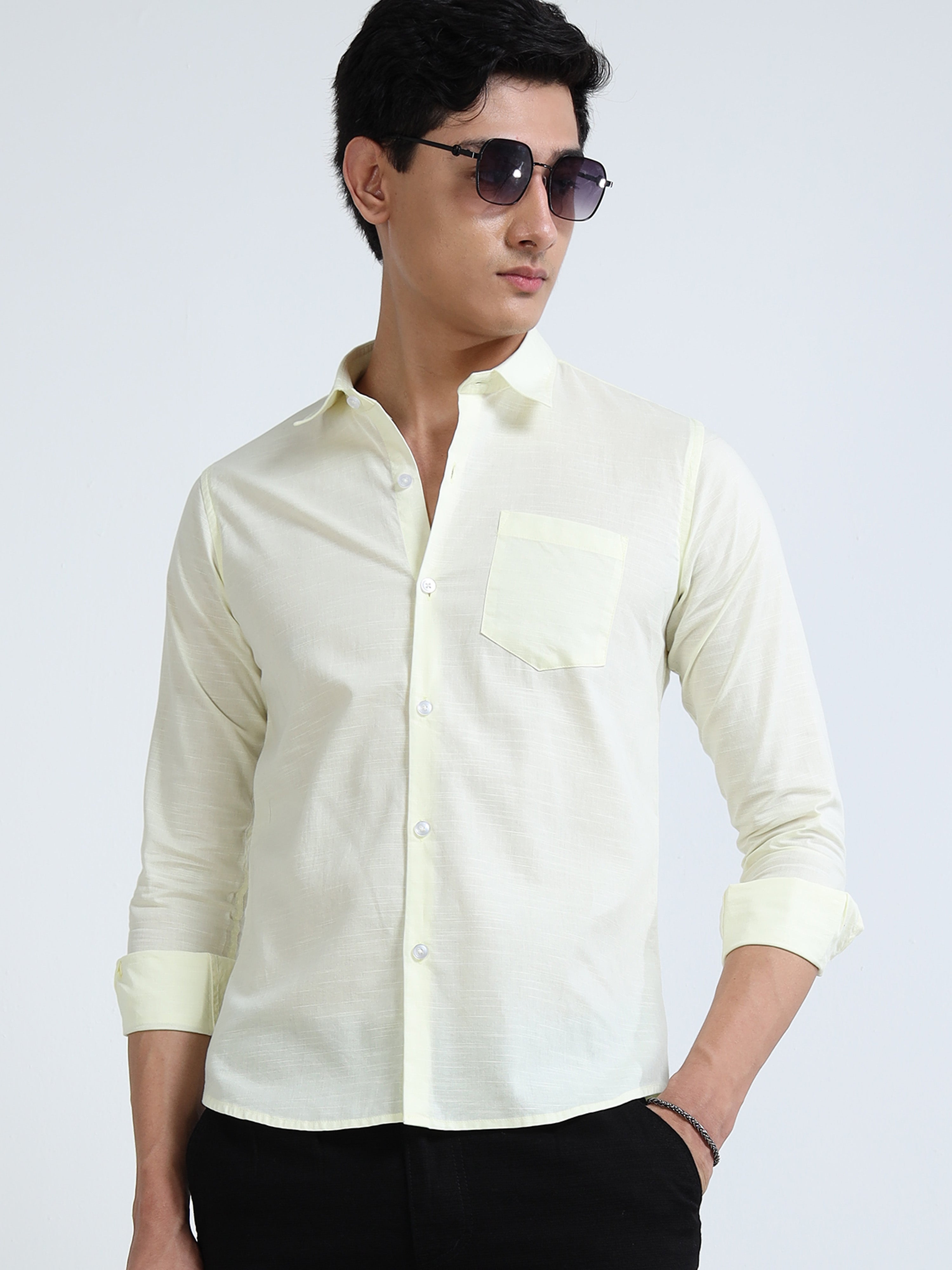 Classic Light Yellow Cotton-Lenin Shirt