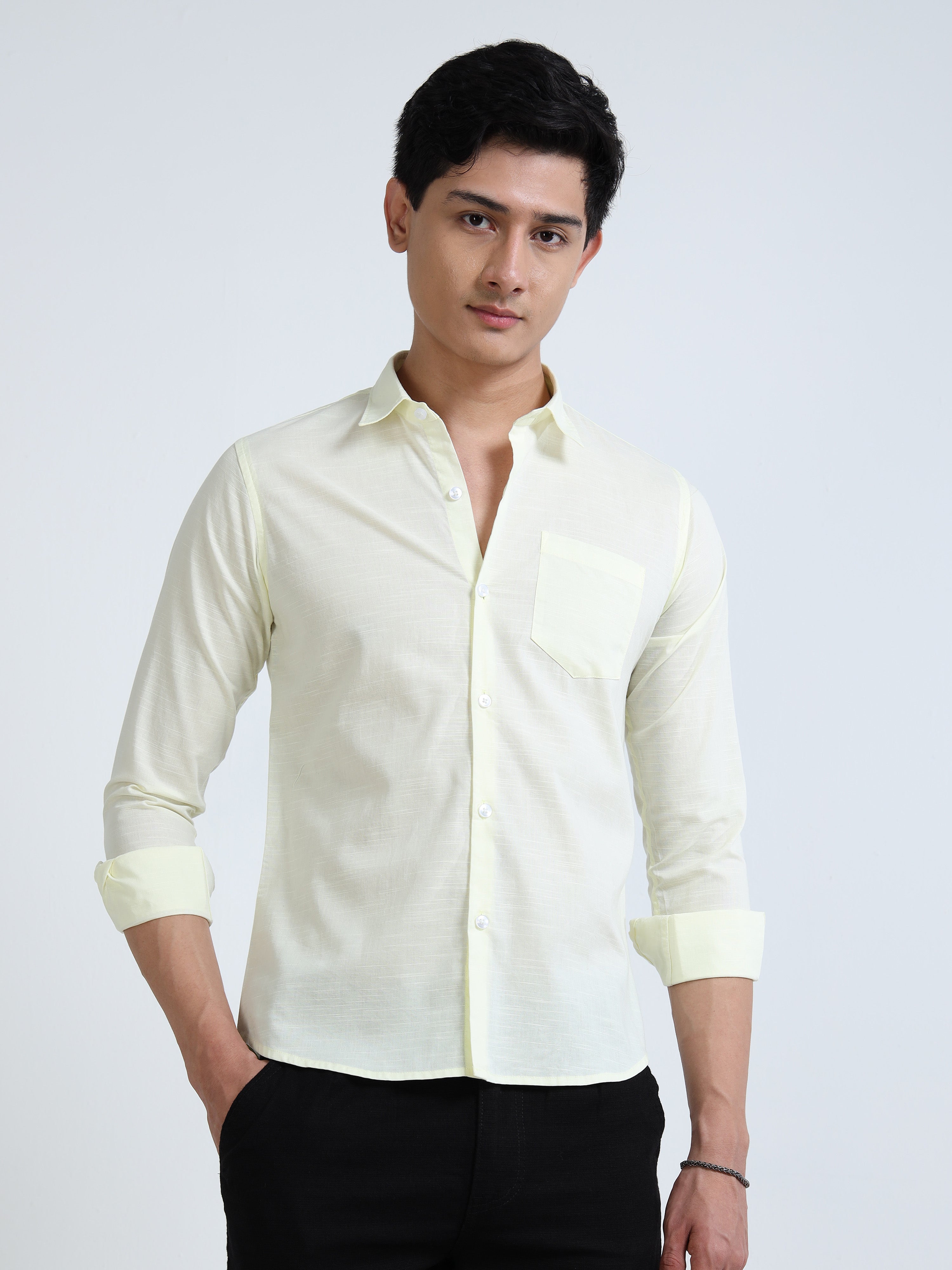 Classic Light Yellow Cotton-Lenin Shirt