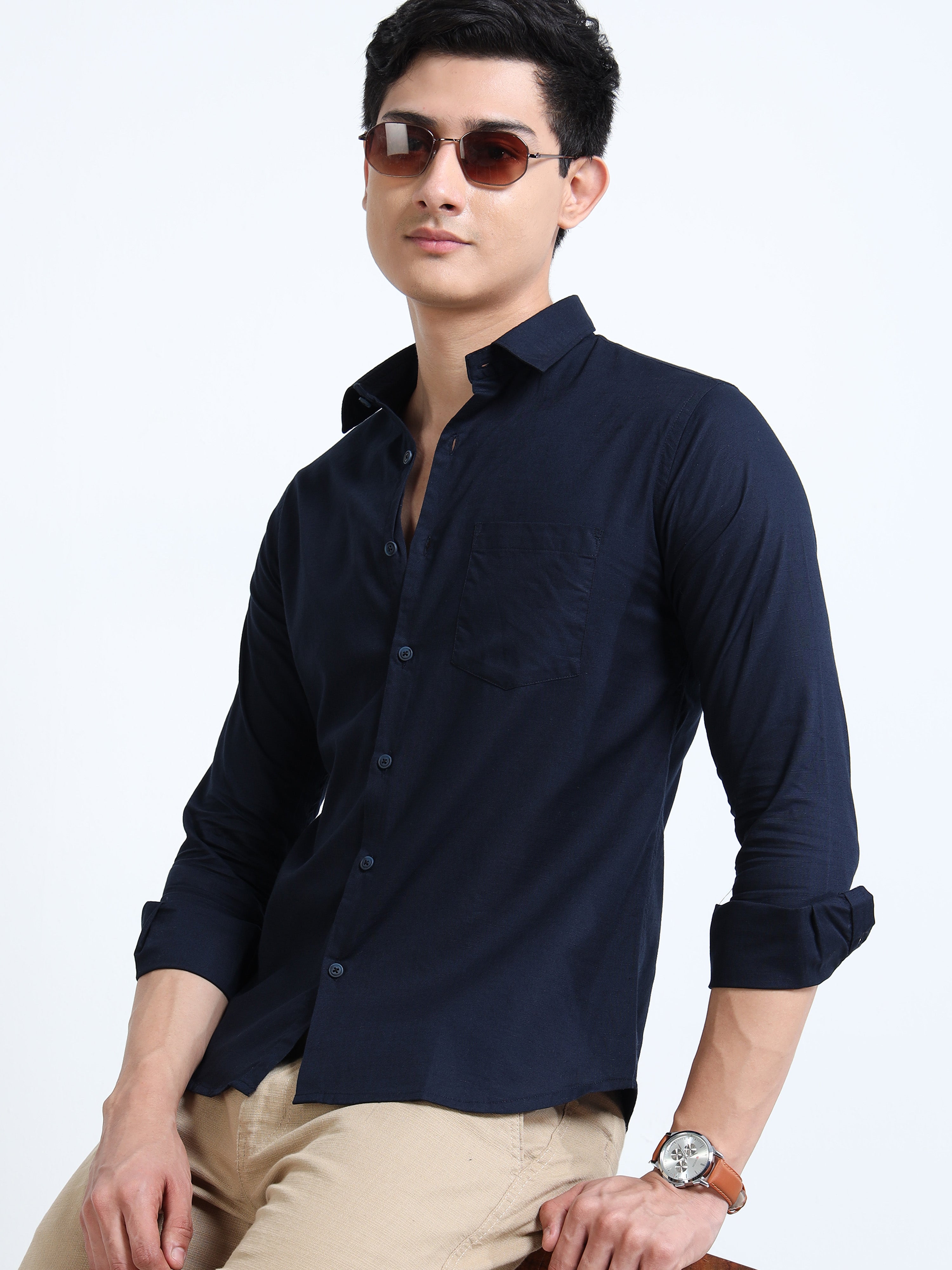 Navy Blue Classic Cotton-Lenin Shirt