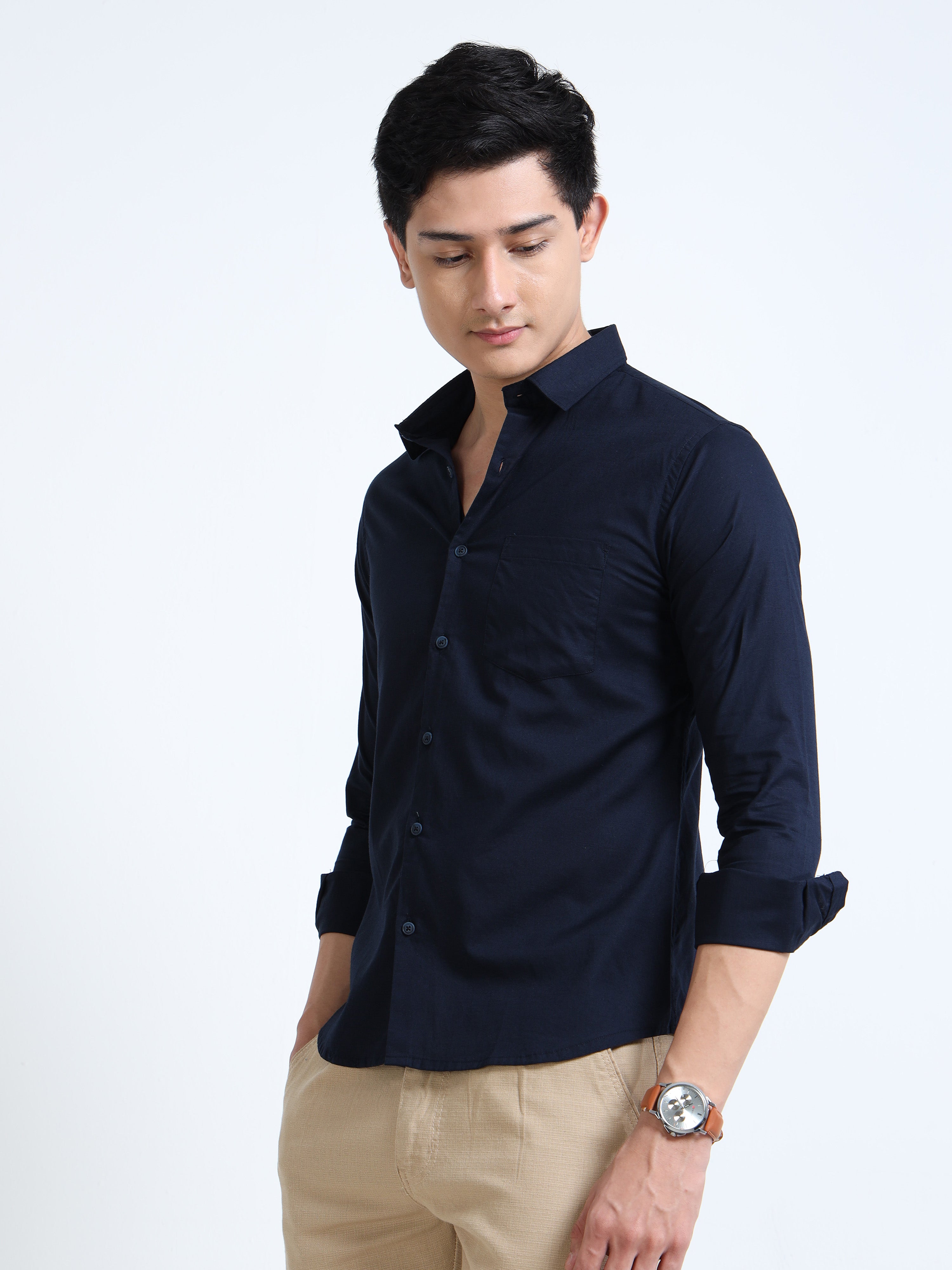 Navy Blue Classic Cotton-Lenin Shirt