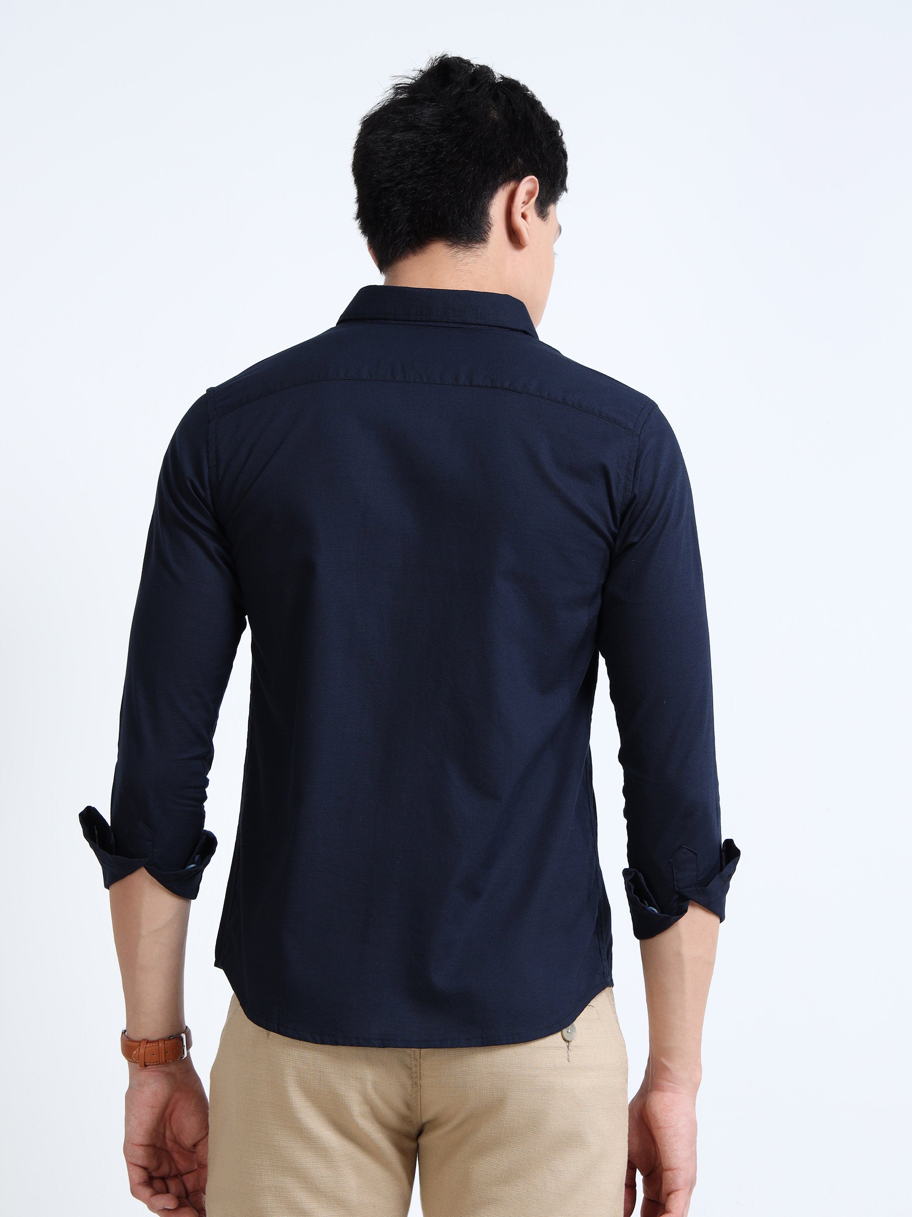 Navy Blue Classic Cotton-Lenin Shirt