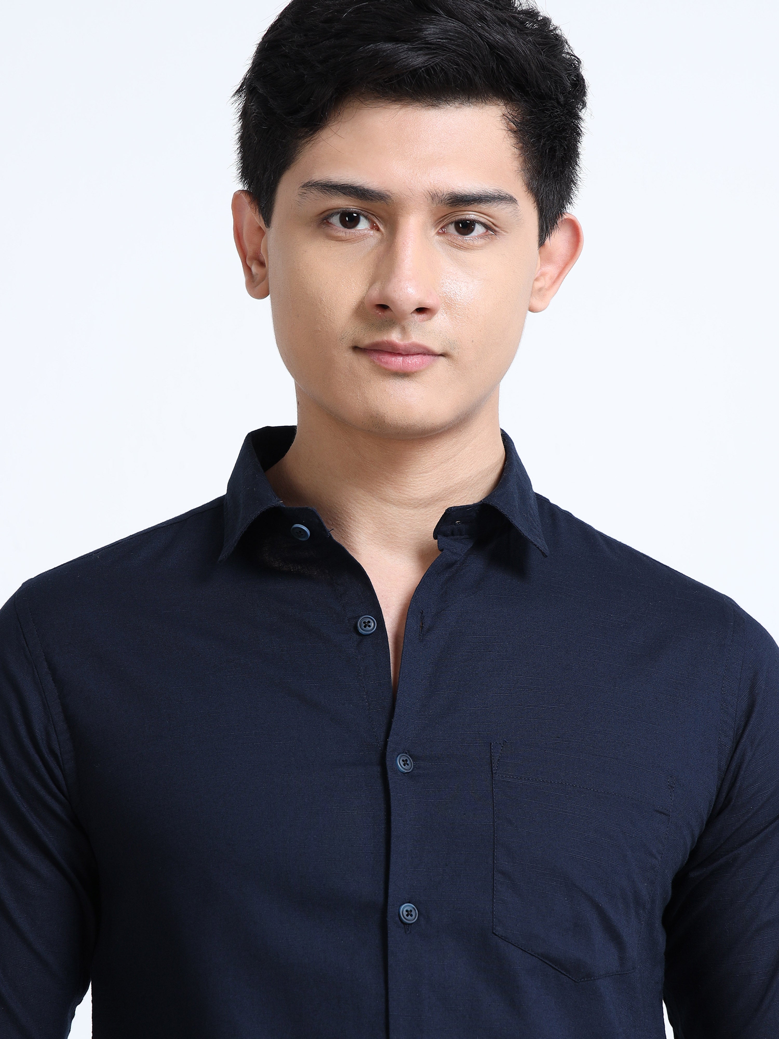Navy Blue Classic Cotton-Lenin Shirt