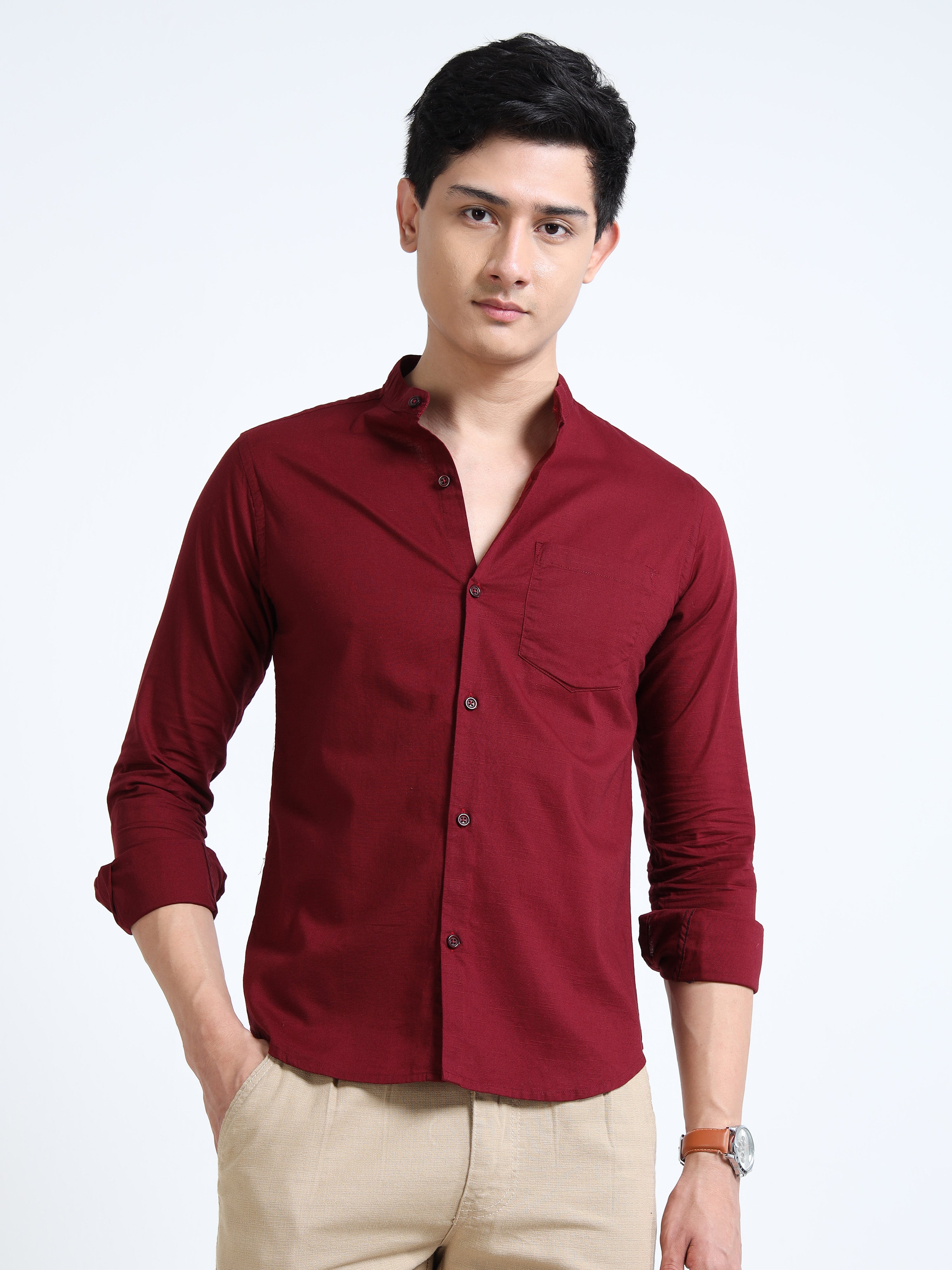 Garnet Red Classic Mandarin Collar Cotton-Lenin Shirt