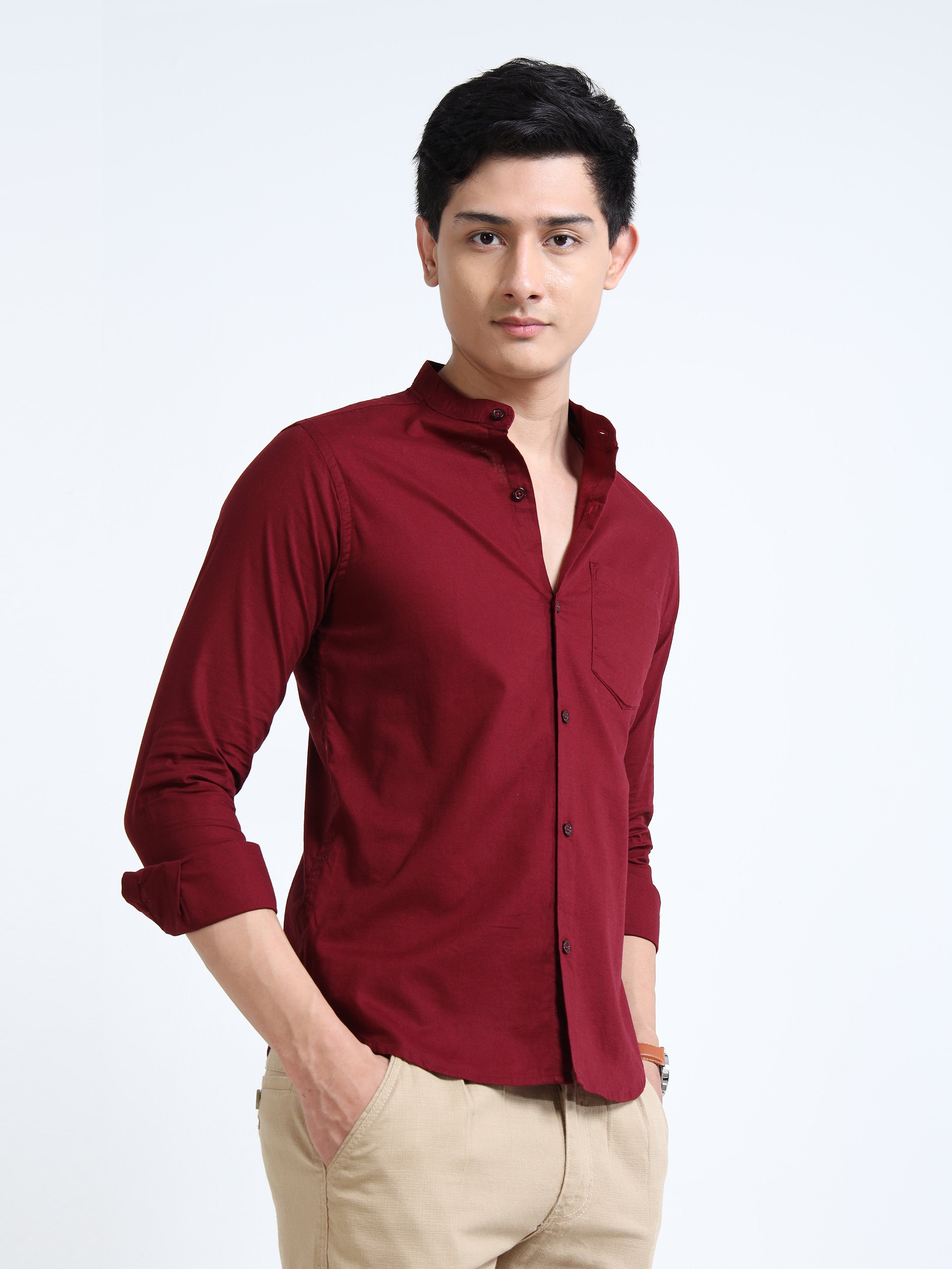 Garnet Red Classic Mandarin Collar Cotton-Lenin Shirt