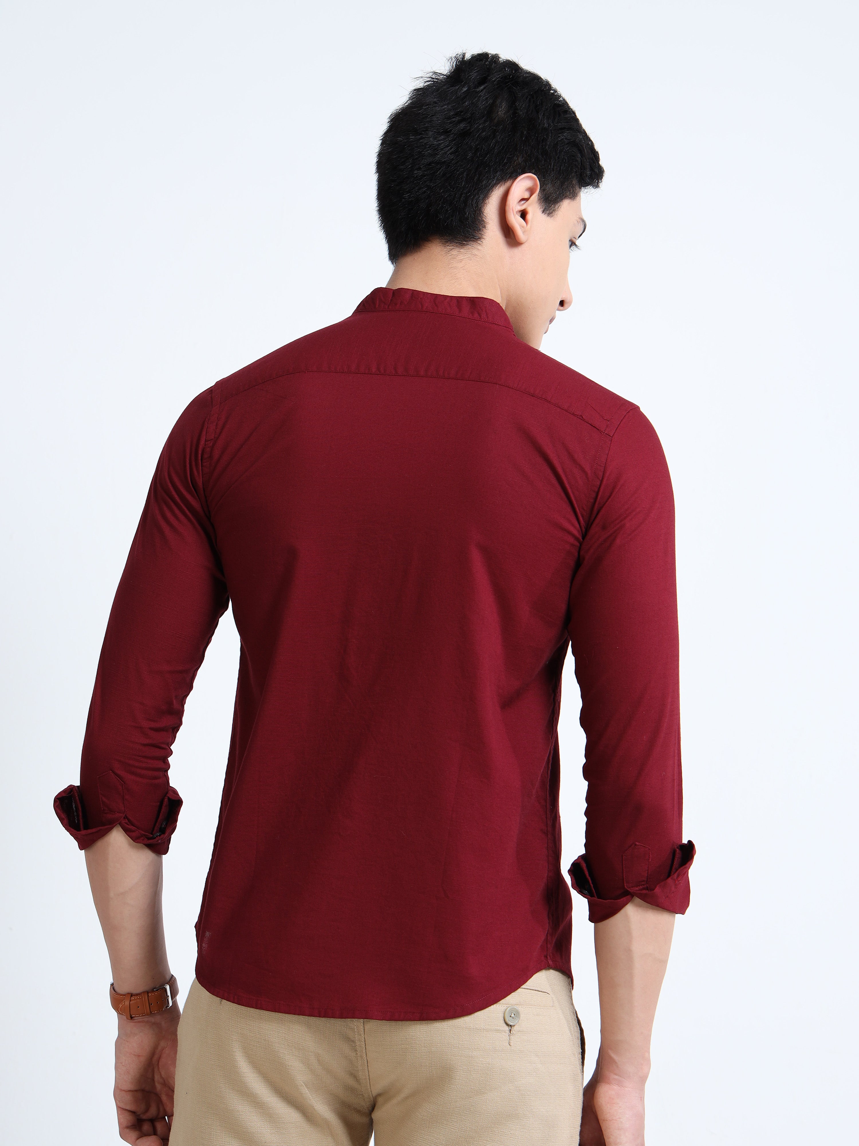 Garnet Red Classic Mandarin Collar Cotton-Lenin Shirt