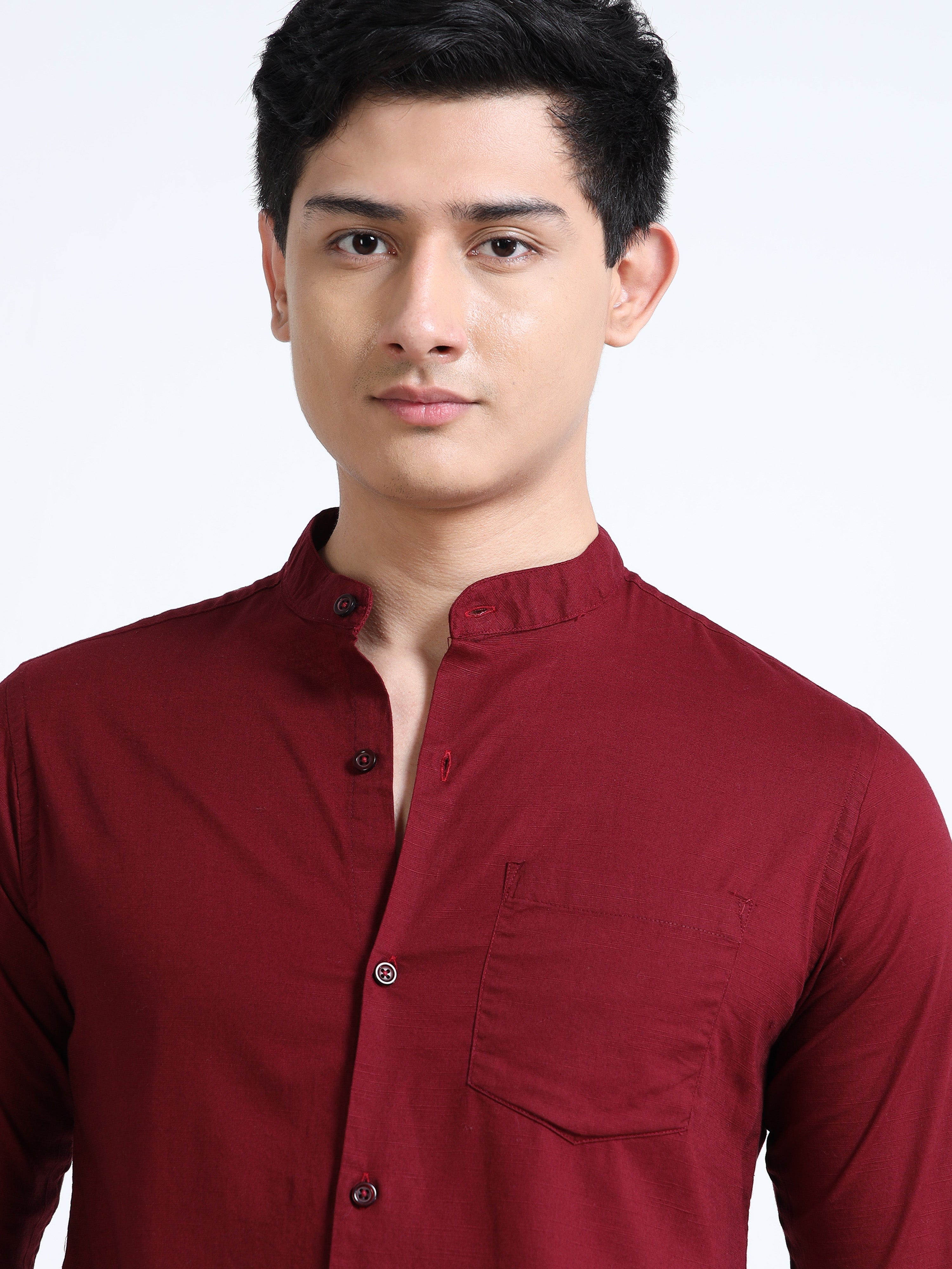 Garnet Red Classic Mandarin Collar Cotton-Lenin Shirt