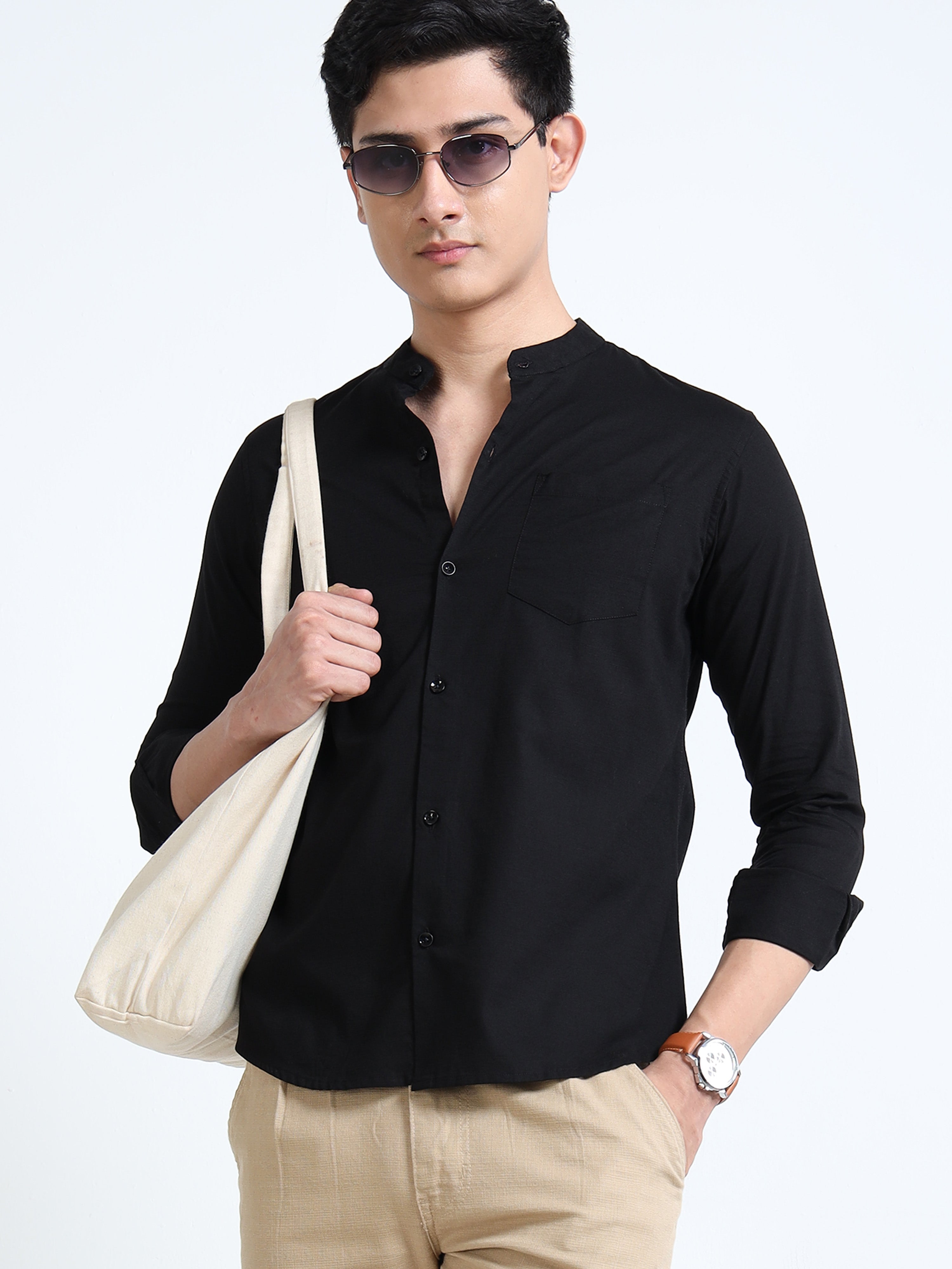 Midnight Black Mandarin Collar Cotton-lenin Shirt