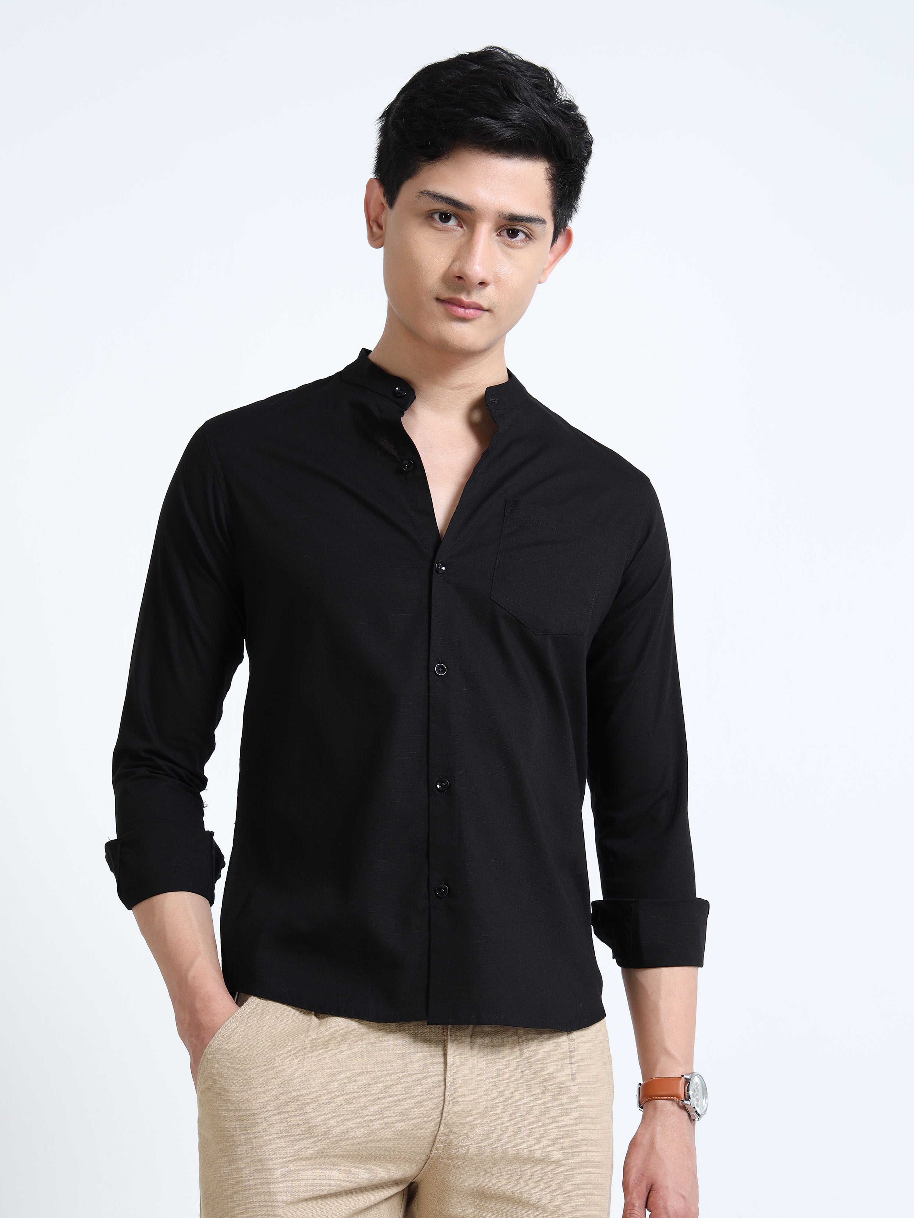 Midnight Black Mandarin Collar Cotton-lenin Shirt
