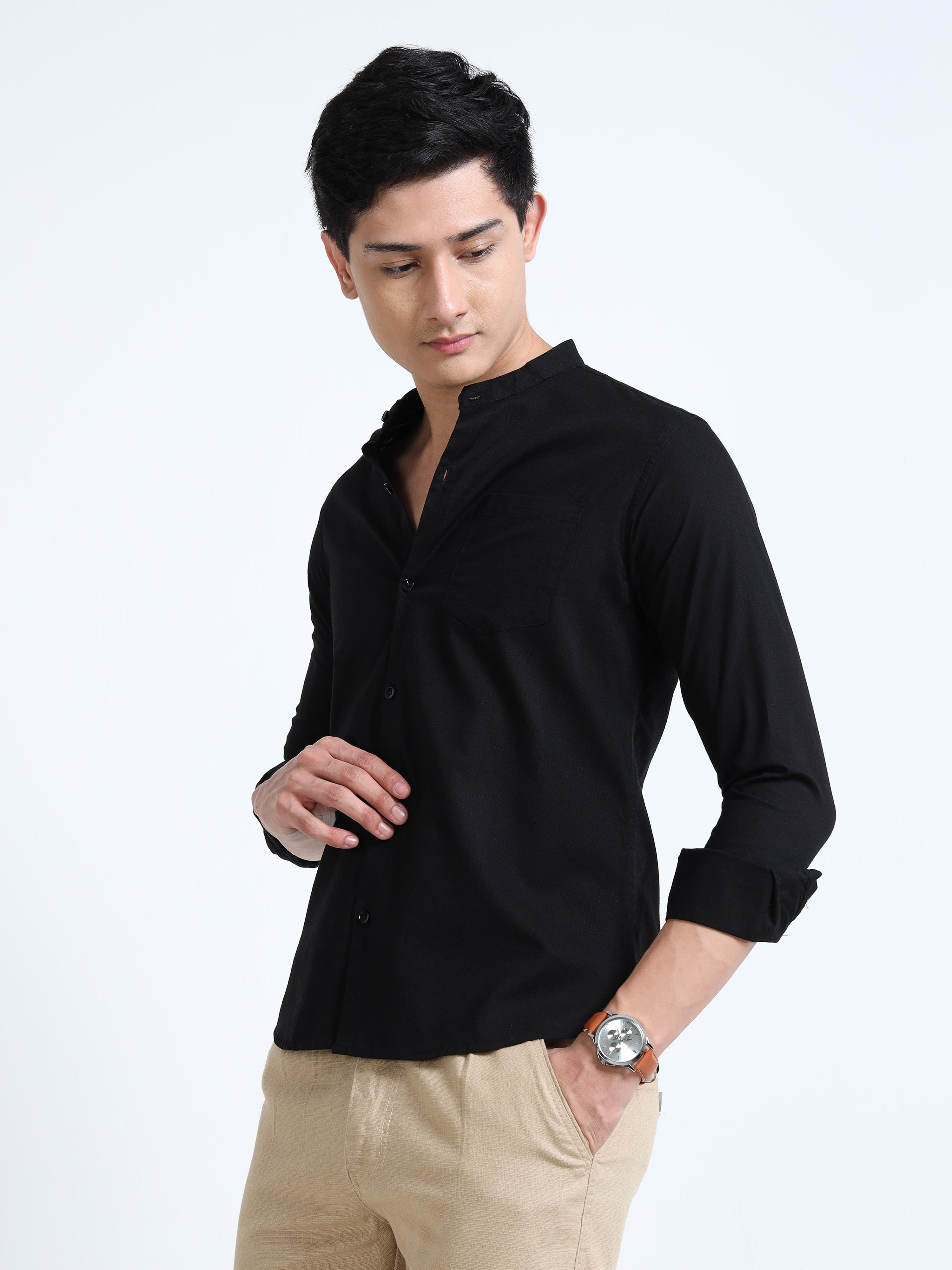 Midnight Black Mandarin Collar Cotton-lenin Shirt