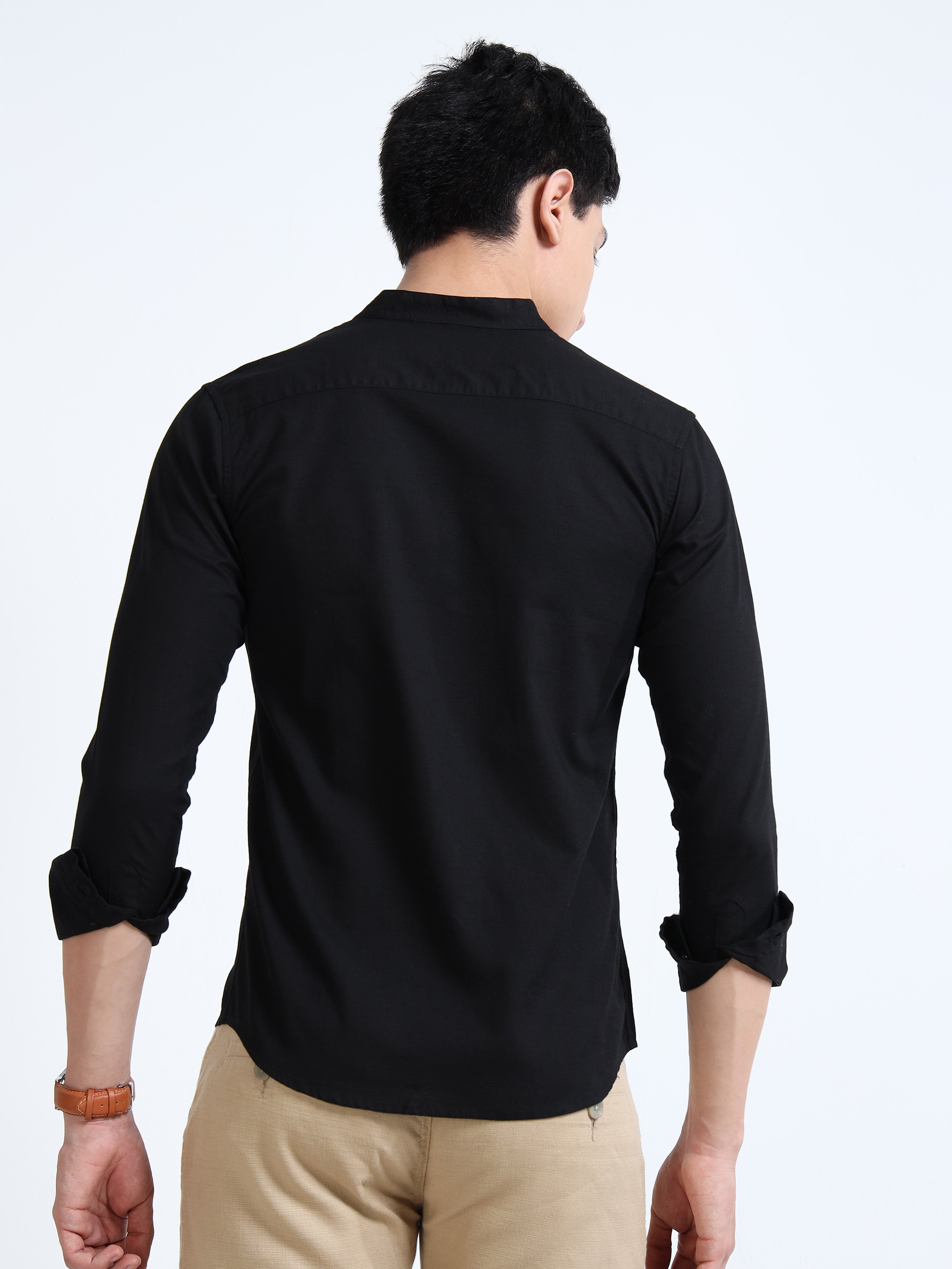 Midnight Black Mandarin Collar Cotton-lenin Shirt
