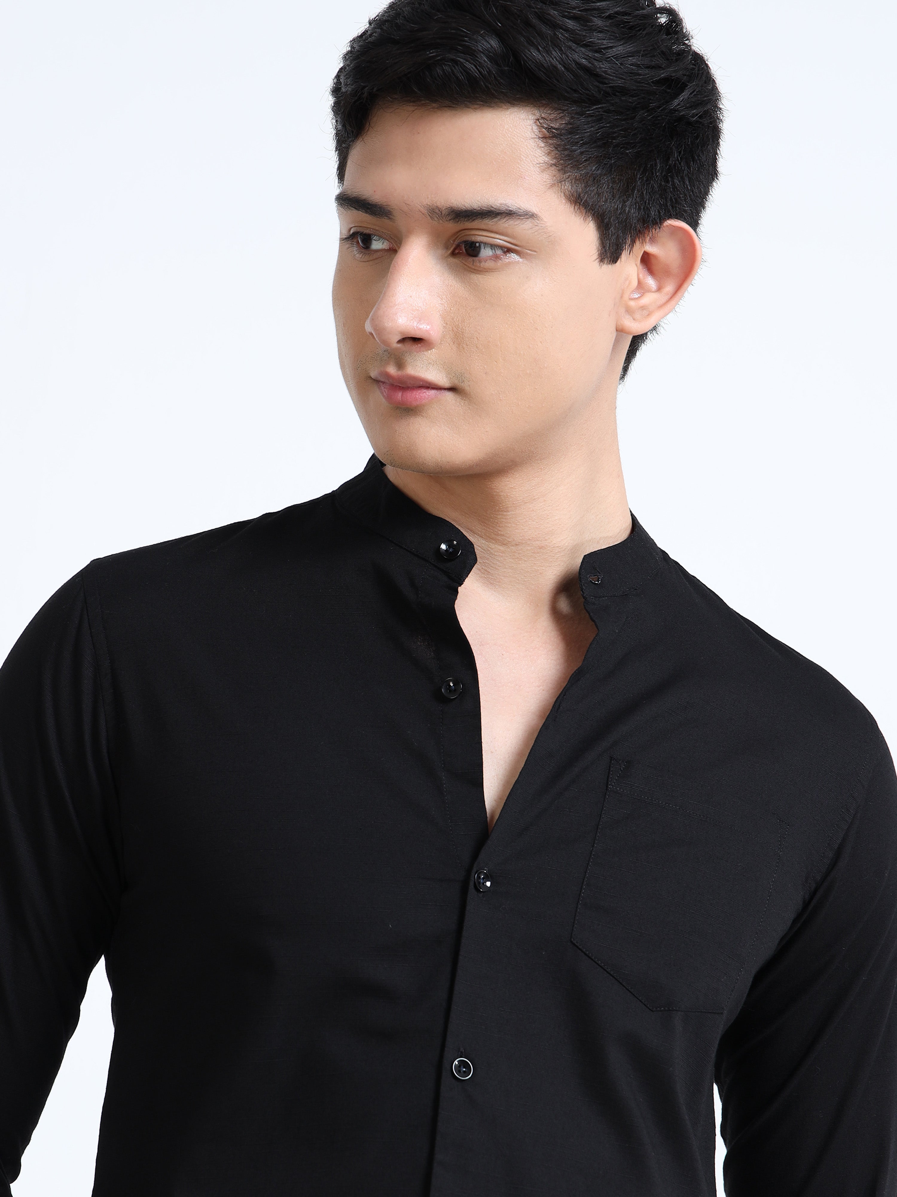 Midnight Black Mandarin Collar Cotton-lenin Shirt