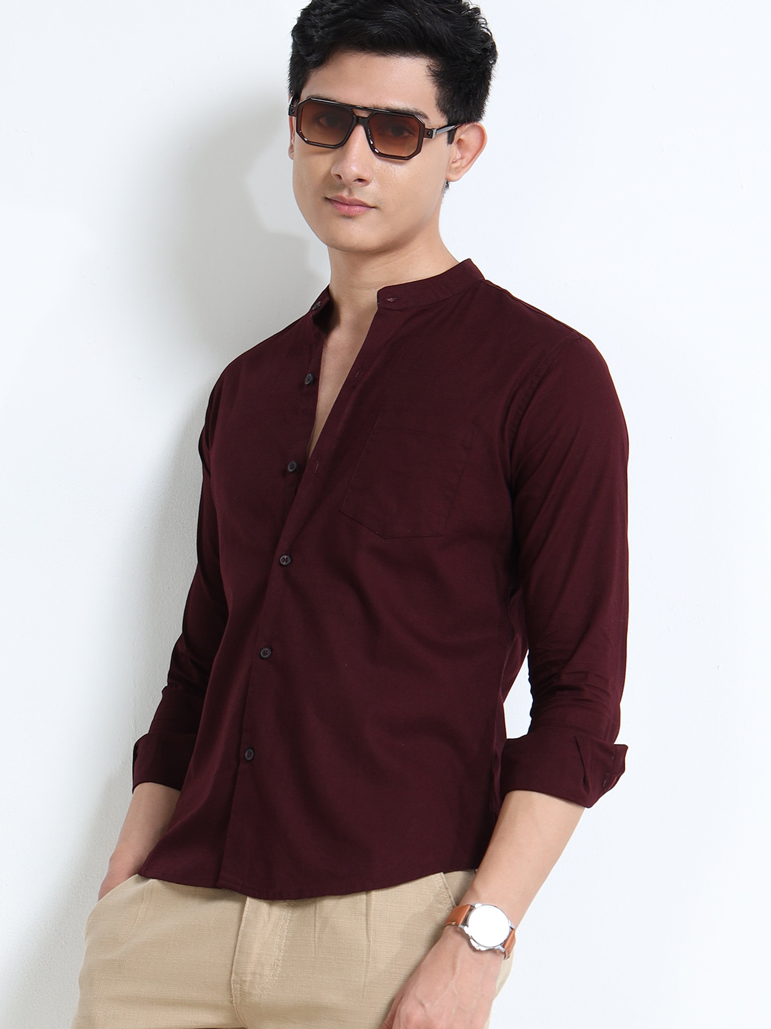 Crimson Red Mandarin Collar Cotton-Lenin Shirt