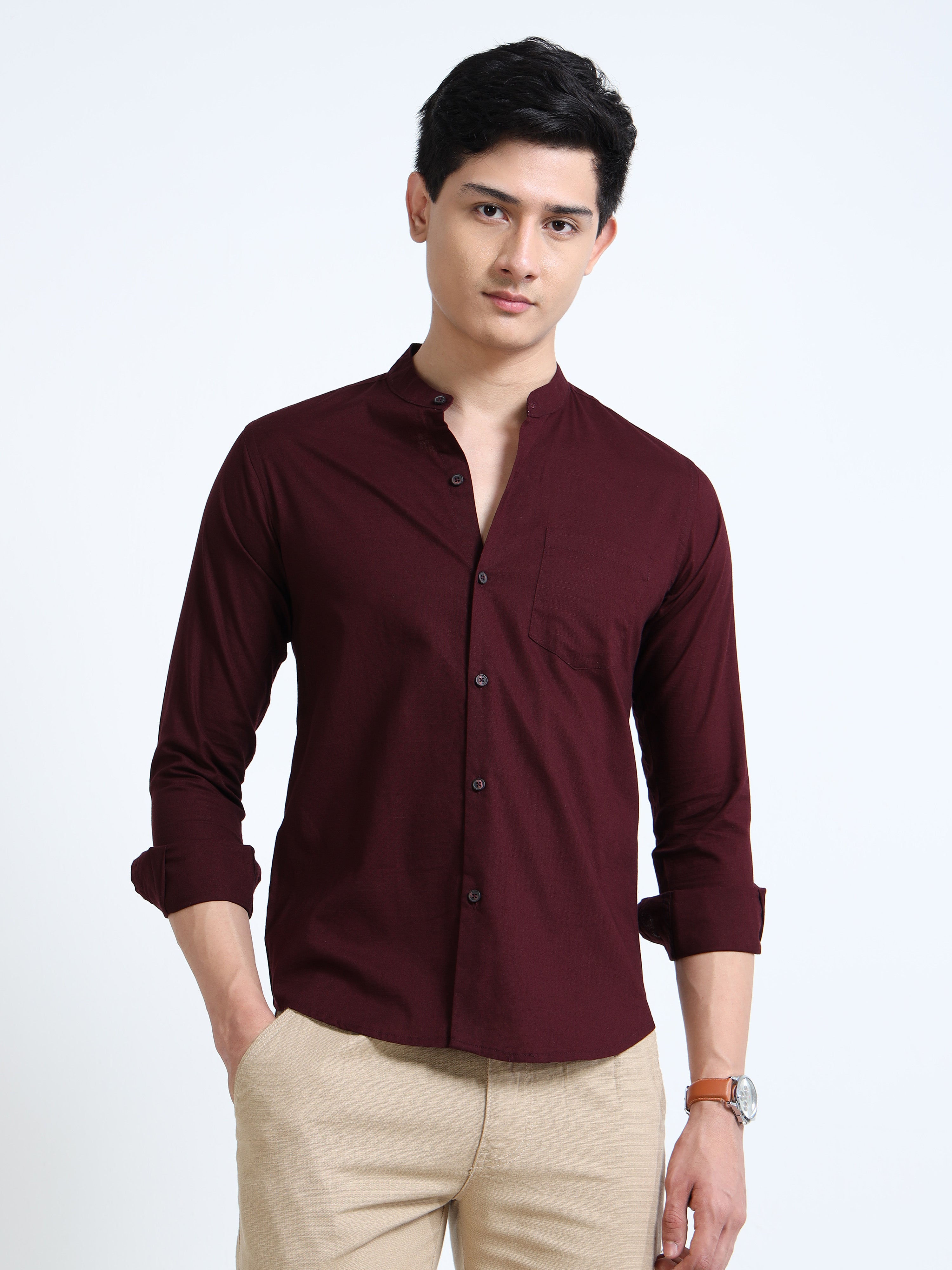 Crimson Red Mandarin Collar Cotton-Lenin Shirt